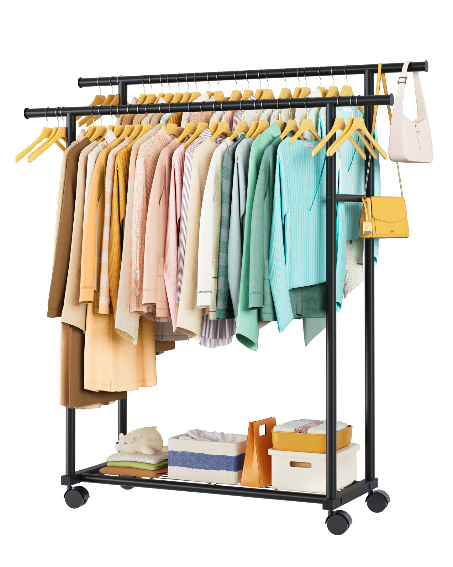 Sakugi Clothes Rack with Double Hanging Rods and Bottom Shelf, Rolling Metal Garment Rack for Bedroom Closet Storage, 38.5" x 16.9" x 58.5", Black
