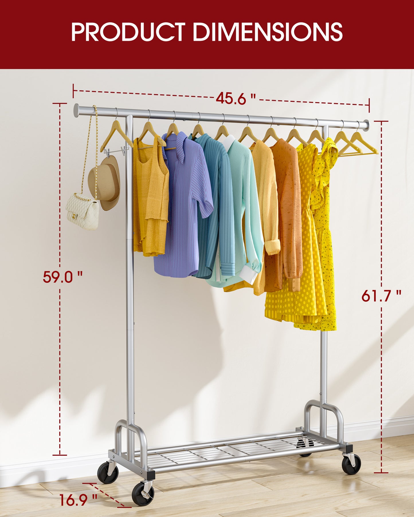 Sakugi Clothes Rack with Lockable Wheels, Large-Capacity Metal Clothing Rack for Hanging Clothes, Space-Saving Garment Organizer for Bedroom, Laundry Room, 45.6" x 16.9" x 61.7", Silver