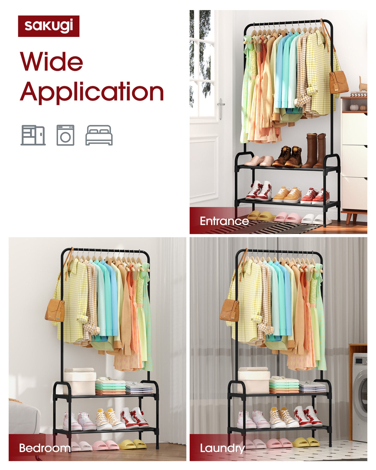 Sakugi Clothes Rack - 29" × 11.8" × 59" Clothing Rack with 2-Tier Shoe Rack and Anti-Slip Stopper, Shoe Organizer for Entryway, Bedroom, or Laundry, Black
