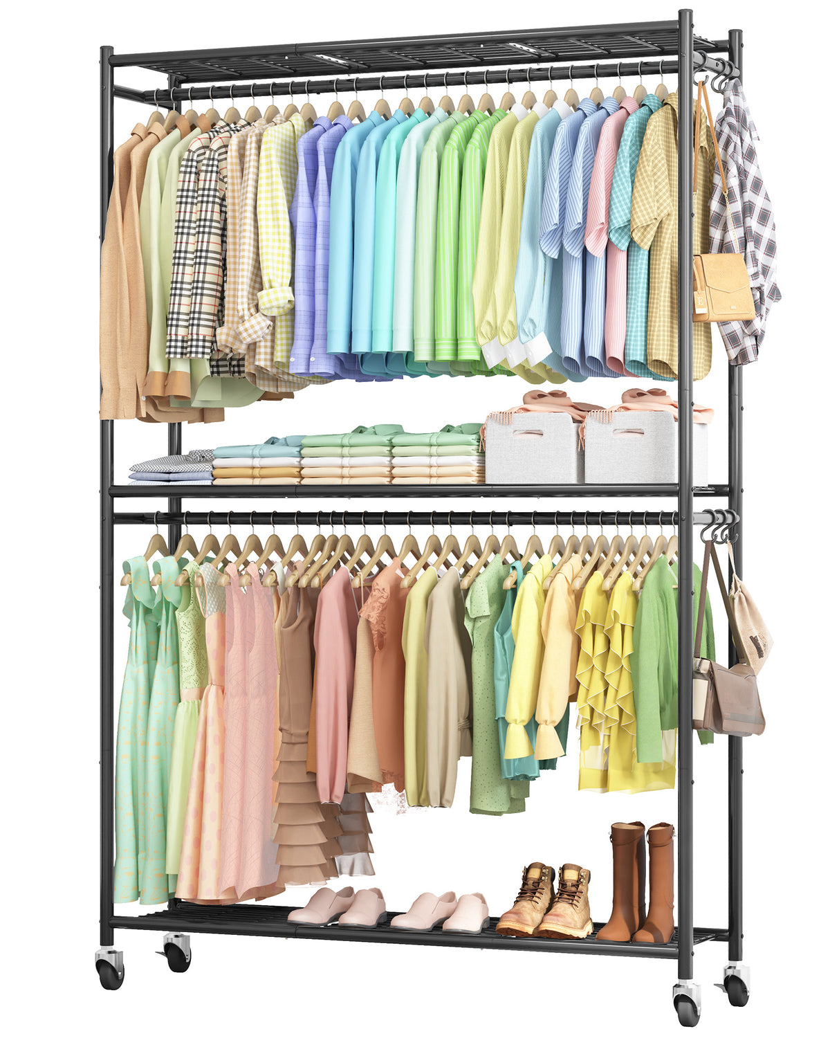 Sakugi Clothes Rack, Heavy-Duty Garment Rack with Shelves & Wheels, Freestanding Wardrobe Organizer with Hooks, Ideal for Bedroom, Laundry, or Balcony, 45.2" x 12.2" x 79", Black