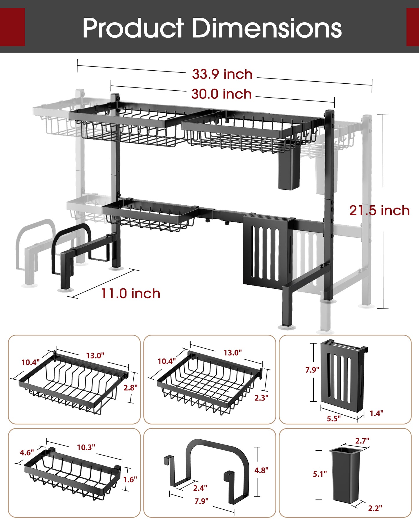 Sakugi Dish Drying Rack Over The Sink - Large Capacity Stainless Steel Dish Drainer, Multifunctional Kitchen Organizer, Black, 11" D x 30"~33.9''W x 21.5" H