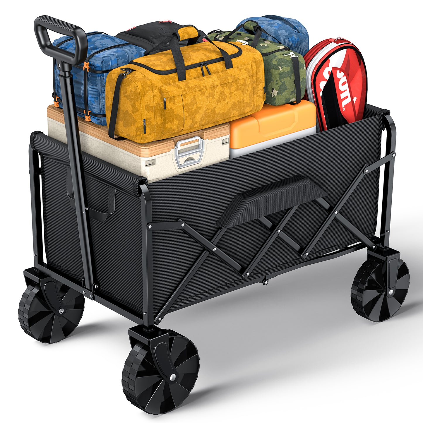 Sakugi Collapsible Wagon, 80L Capacity Heavy-Duty Wagon Cart with Foldable Structure, Shopping Cart with Wheels for Camping, Sports, 28" x 17" x 36", Black