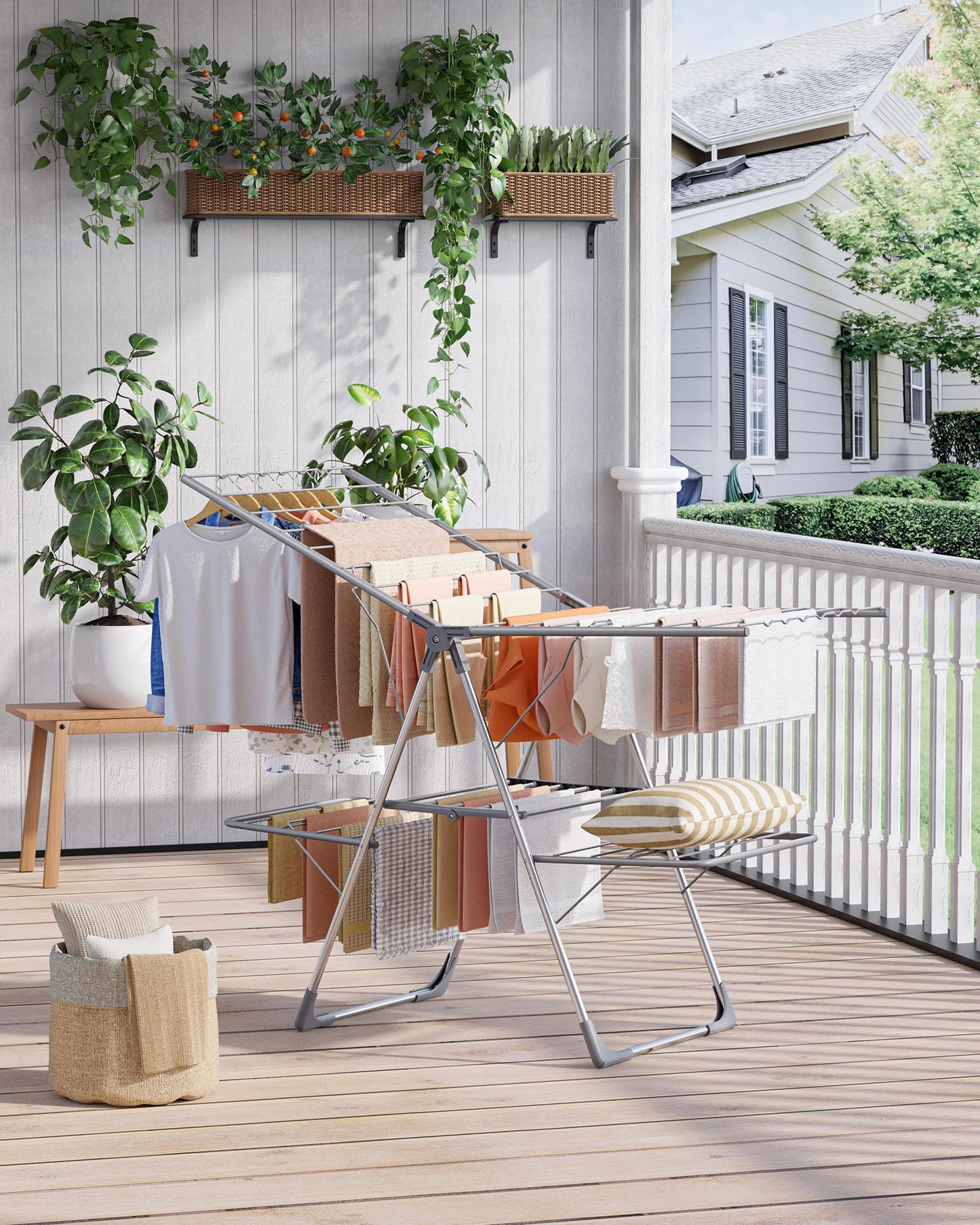 Sakugi Clothes Drying Rack - Space-Saving Foldable Laundry Drying Rack for Clothing & Bedding, Easy-to-Assemble Metal Airer with Non-Slip Feet, Indoor & Outdoor Use, 55.5"×22.8"×36.6"