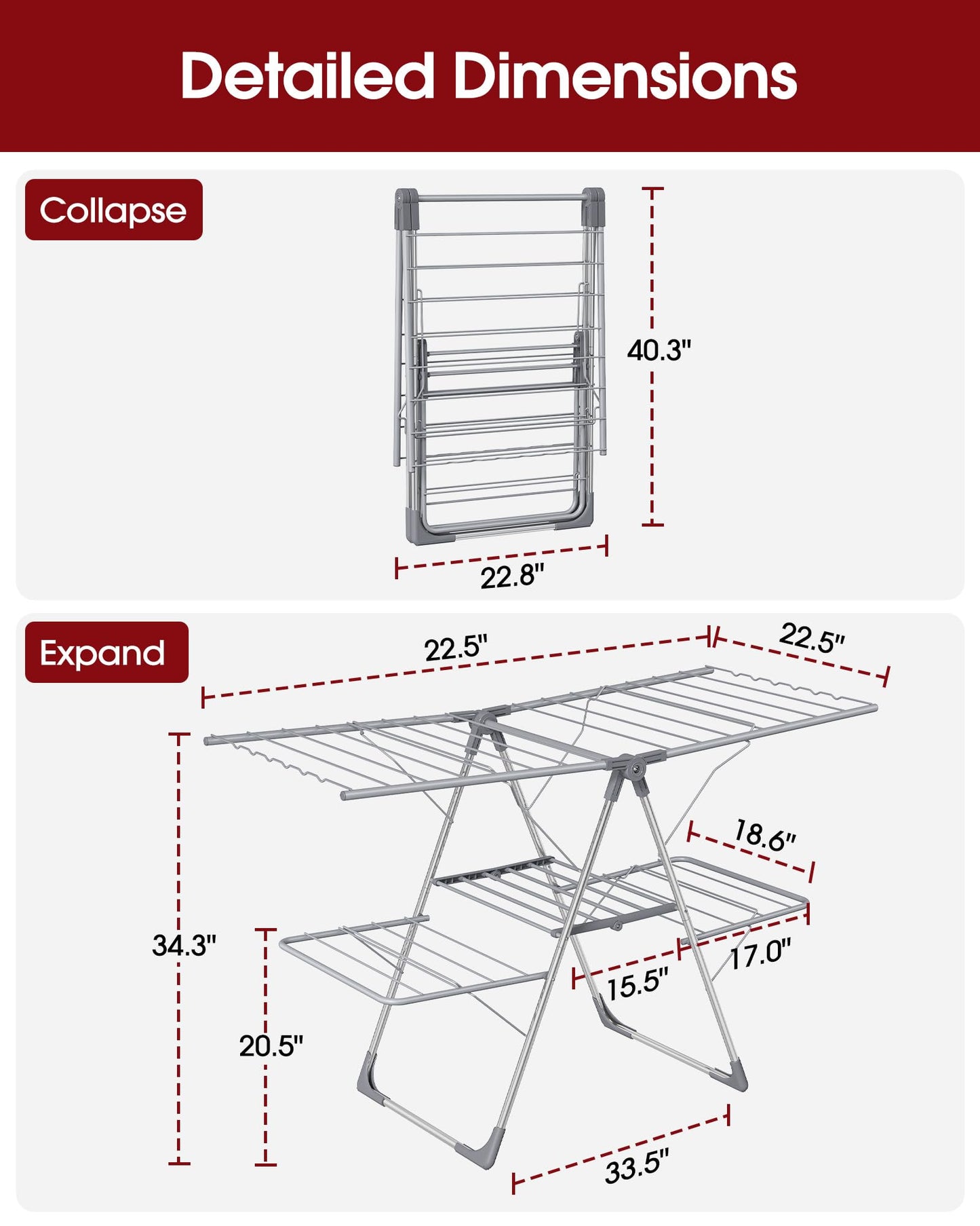 Sakugi Clothes Drying Rack - Space-Saving Foldable Laundry Drying Rack for Clothing & Bedding, Easy-to-Assemble Metal Airer with Non-Slip Feet, Indoor & Outdoor Use, 55.5"×22.8"×36.6"
