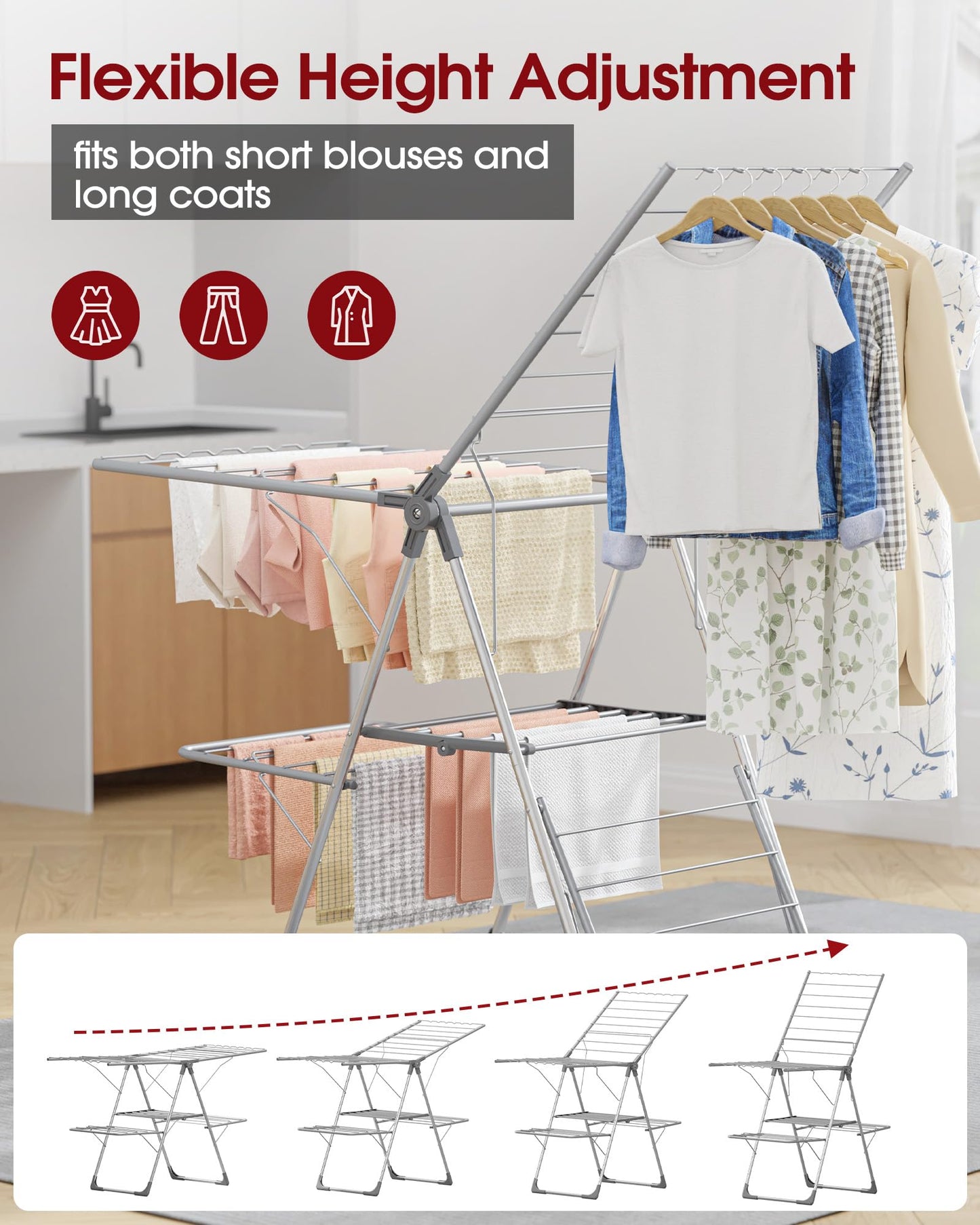 Sakugi Clothes Drying Rack - Space-Saving Foldable Laundry Drying Rack for Clothing & Bedding, Easy-to-Assemble Metal Airer with Non-Slip Feet, Indoor & Outdoor Use, 55.5"×22.8"×36.6"