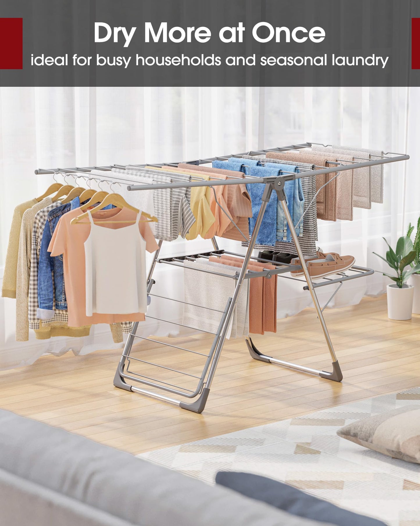 Sakugi Clothes Drying Rack - Space-Saving Foldable Laundry Drying Rack for Clothing & Bedding, Easy-to-Assemble Metal Airer with Non-Slip Feet, Indoor & Outdoor Use, 55.5"×22.8"×36.6"