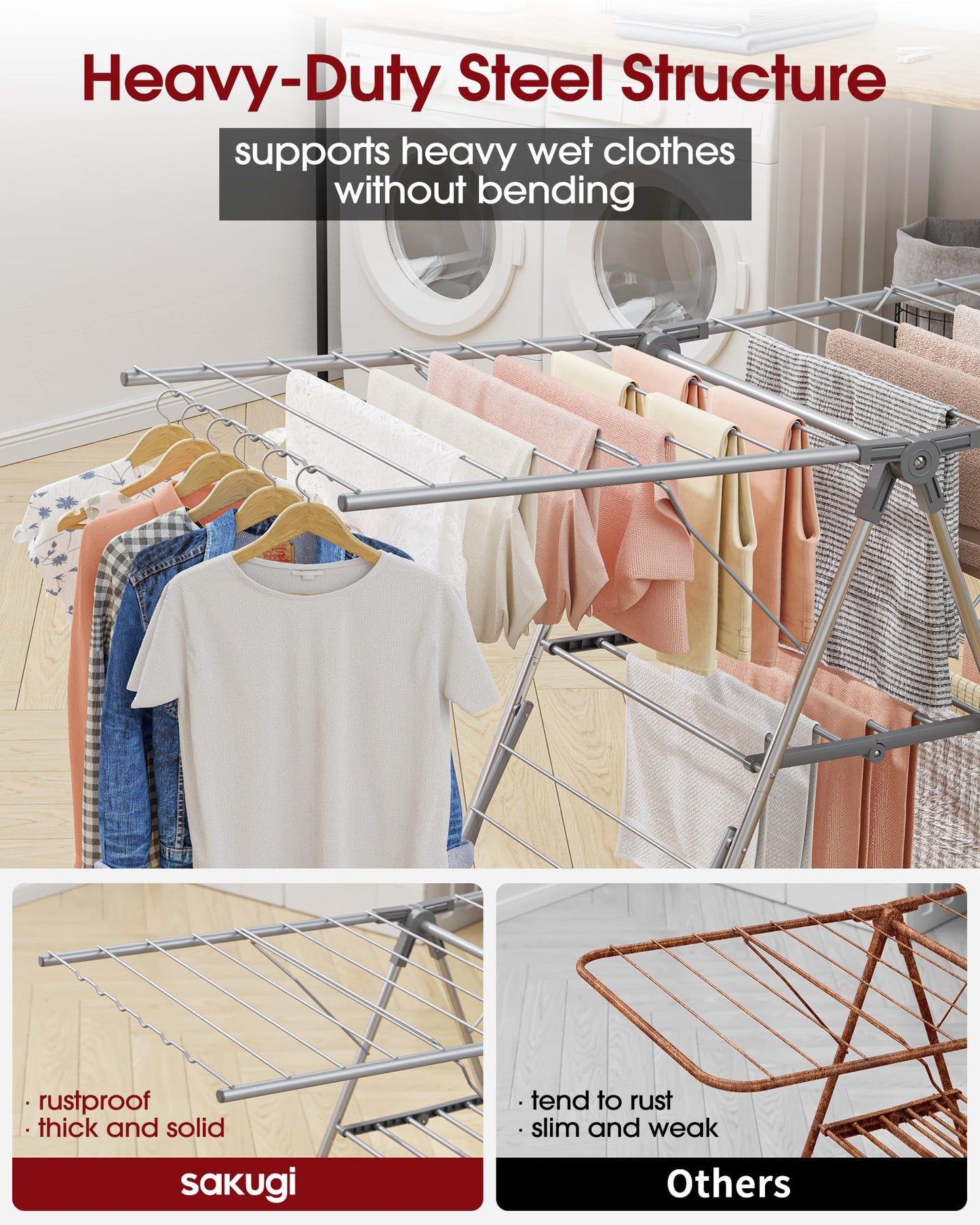 Sakugi Clothes Drying Rack - Space-Saving Foldable Laundry Drying Rack for Clothing & Bedding, Easy-to-Assemble Metal Airer with Non-Slip Feet, Indoor & Outdoor Use, 55.5"×22.8"×36.6"