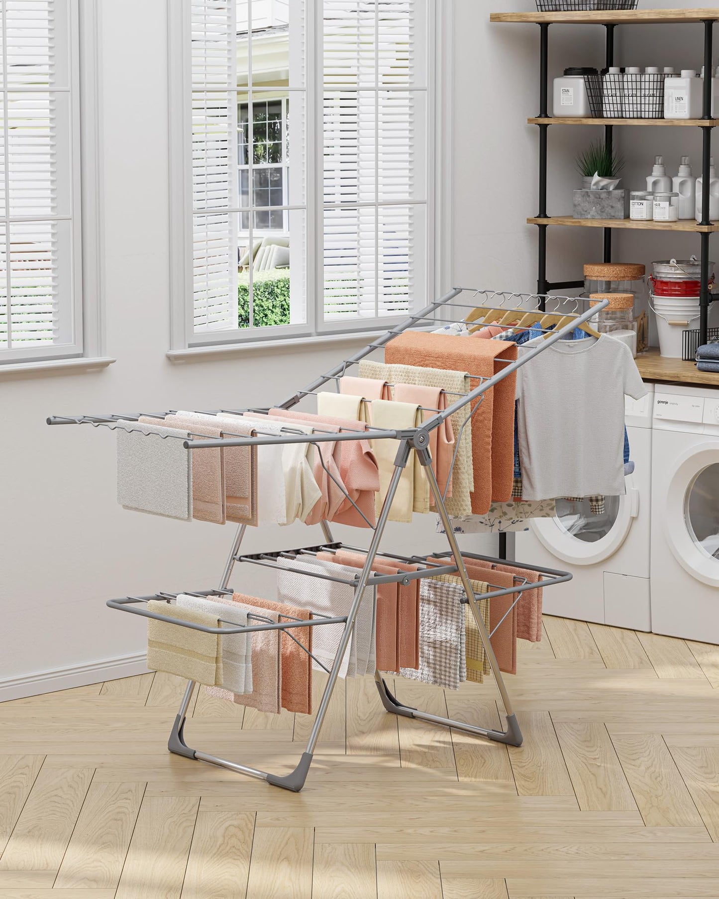 Sakugi Clothes Drying Rack - Space-Saving Foldable Laundry Drying Rack for Clothing & Bedding, Easy-to-Assemble Metal Airer with Non-Slip Feet, Indoor & Outdoor Use, 55.5"×22.8"×36.6"