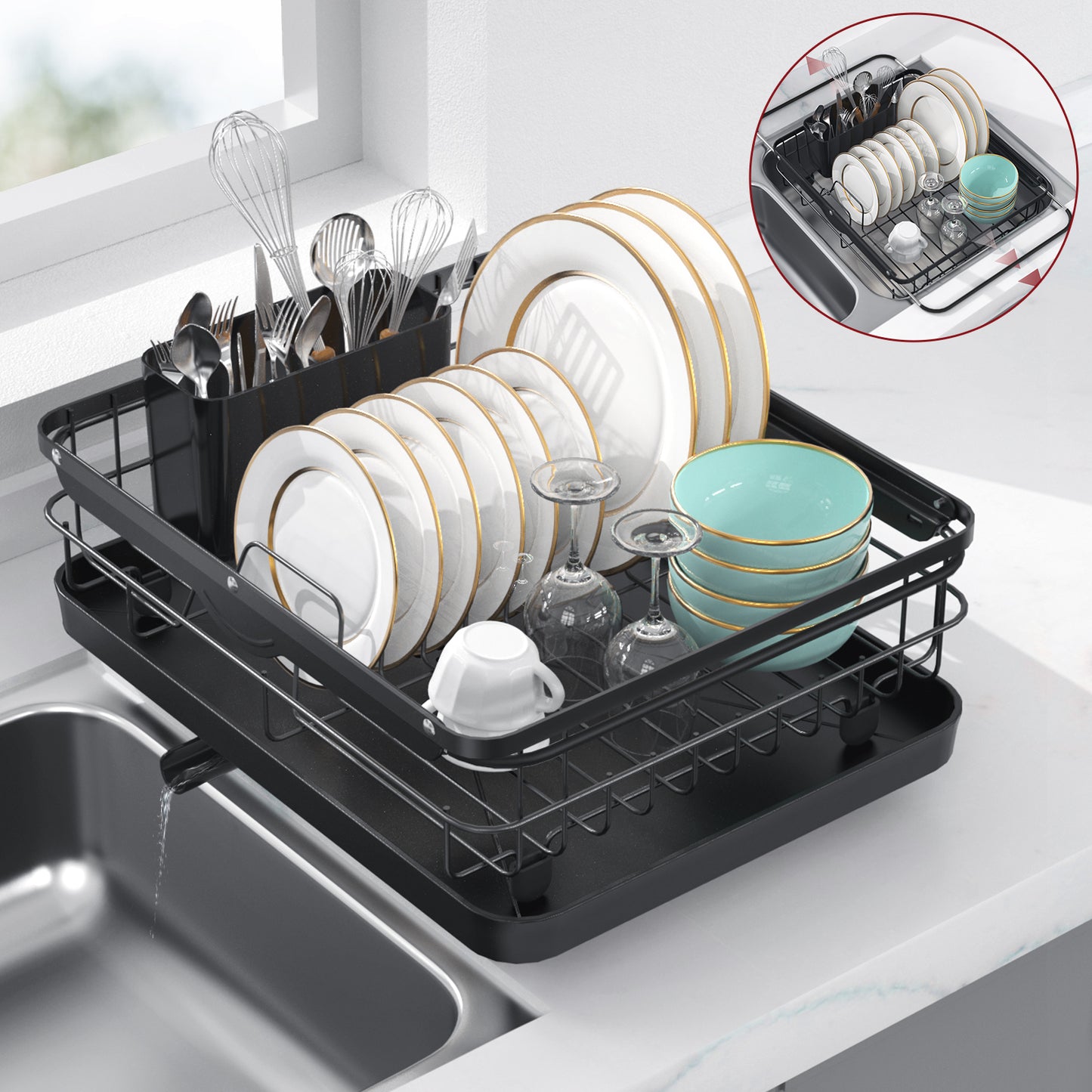 Sakugi Sink Drying Rack Expandable - Stainless Steel Dish Drying Rack with Drainboard Used on Kitchen Counter, Over Sink and In Sink, Black