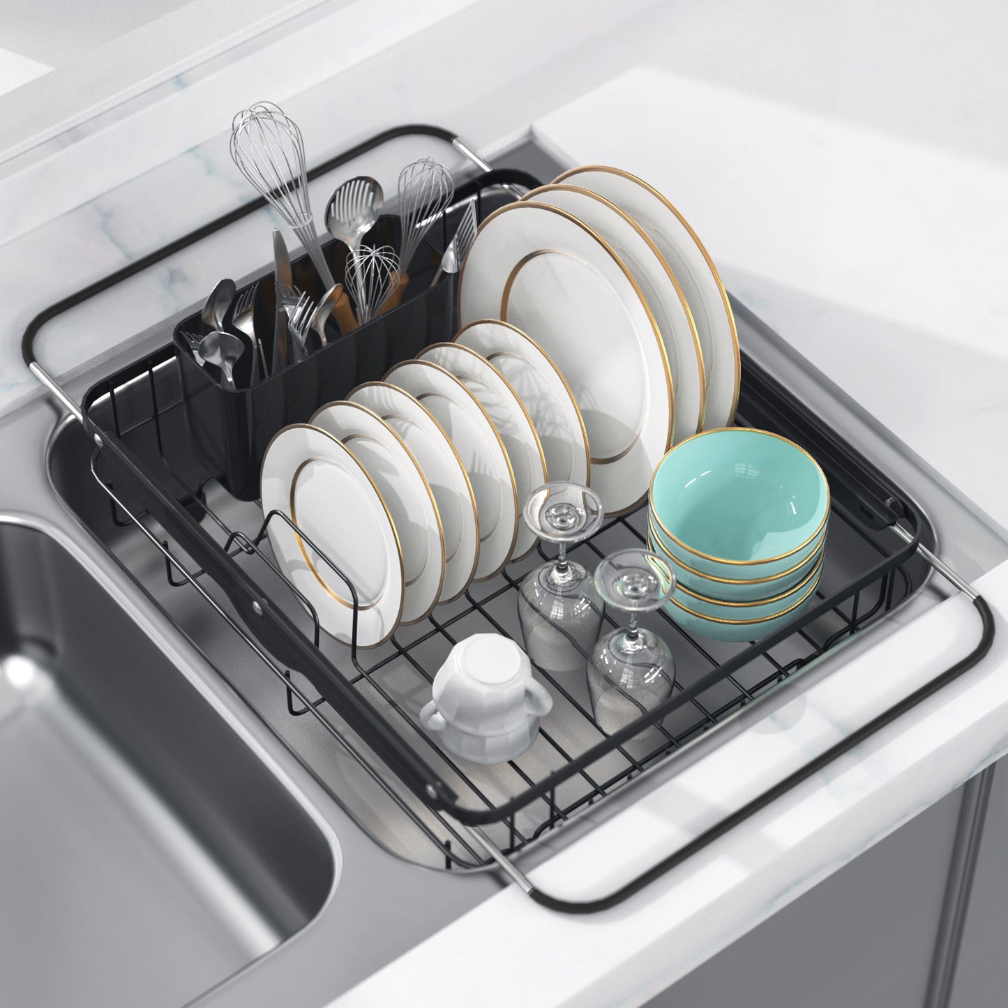 Sakugi Sink Drying Rack Expandable - Stainless Steel Dish Drying Rack with Drainboard Used on Kitchen Counter, Over Sink and In Sink, Black