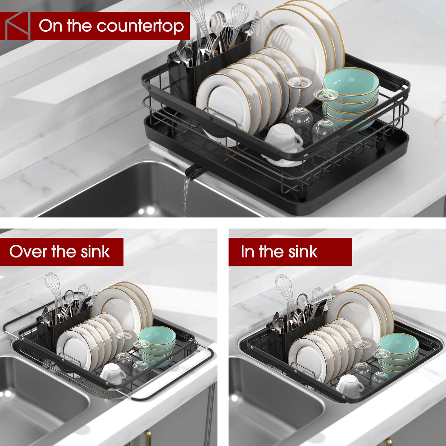 Sakugi Sink Drying Rack Expandable - Stainless Steel Dish Drying Rack with Drainboard Used on Kitchen Counter, Over Sink and In Sink, Black