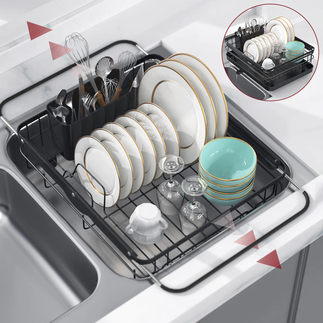 Sakugi Sink Drying Rack Expandable - Stainless Steel Dish Drying Rack with Drainboard Used on Kitchen Counter, Over Sink and In Sink, Black
