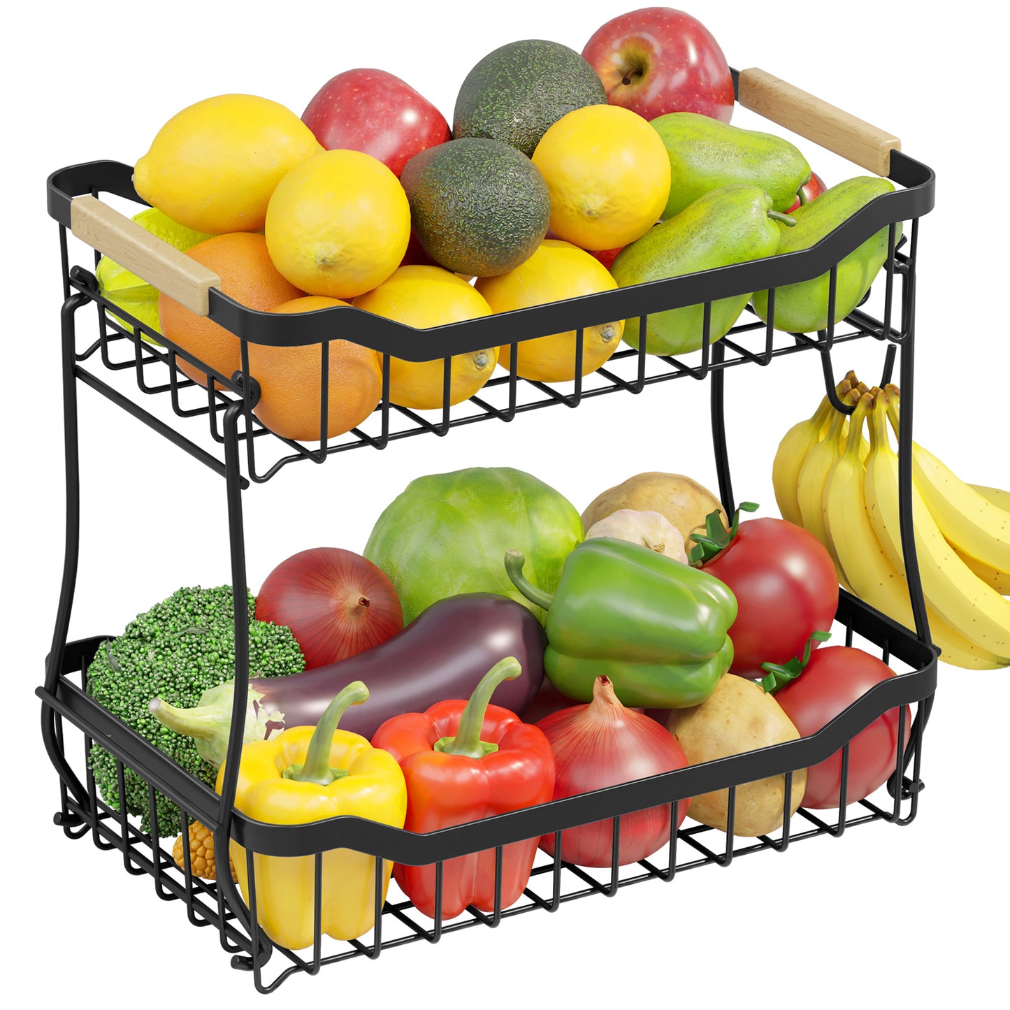 Sakugi 2-Tier Fruit Basket with Wooden Handle, Detachable Fruit Basket for Kitchen counter, Black, 7.3" D x 11.2" W x 10.3" H