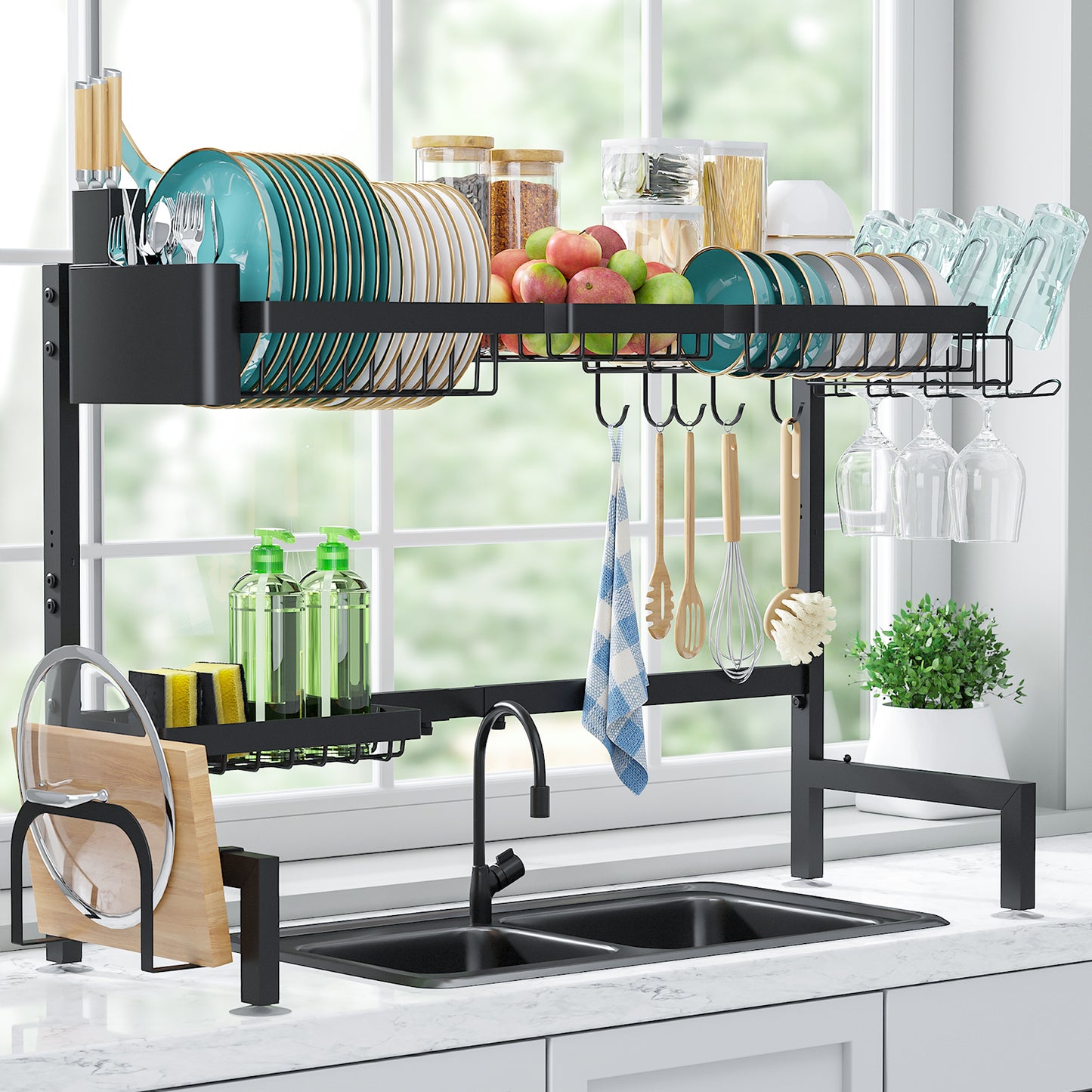 Sakugi Over The Sink Dish Drying Rack, 30" -33.9" L x 11" W x 21" H Expandable Dish Drainer, Stainless Steel Dish Rack, Black