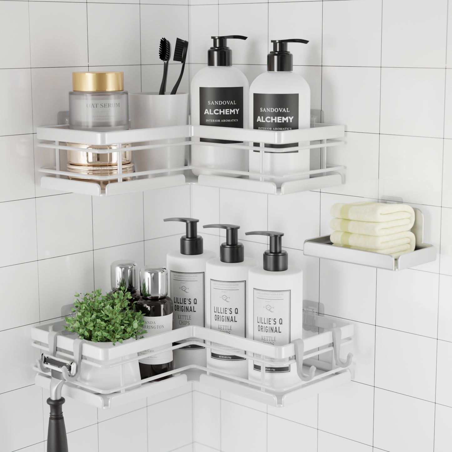 Sakugi Shower Caddy - 3 Piece Set, Corner Shower Shelves with Hooks & Soap Holder, Rustproof Adhesive Shower Caddy for Corner, No Drilling Shower Shelf for Inside Shower, Shower Organizer, White