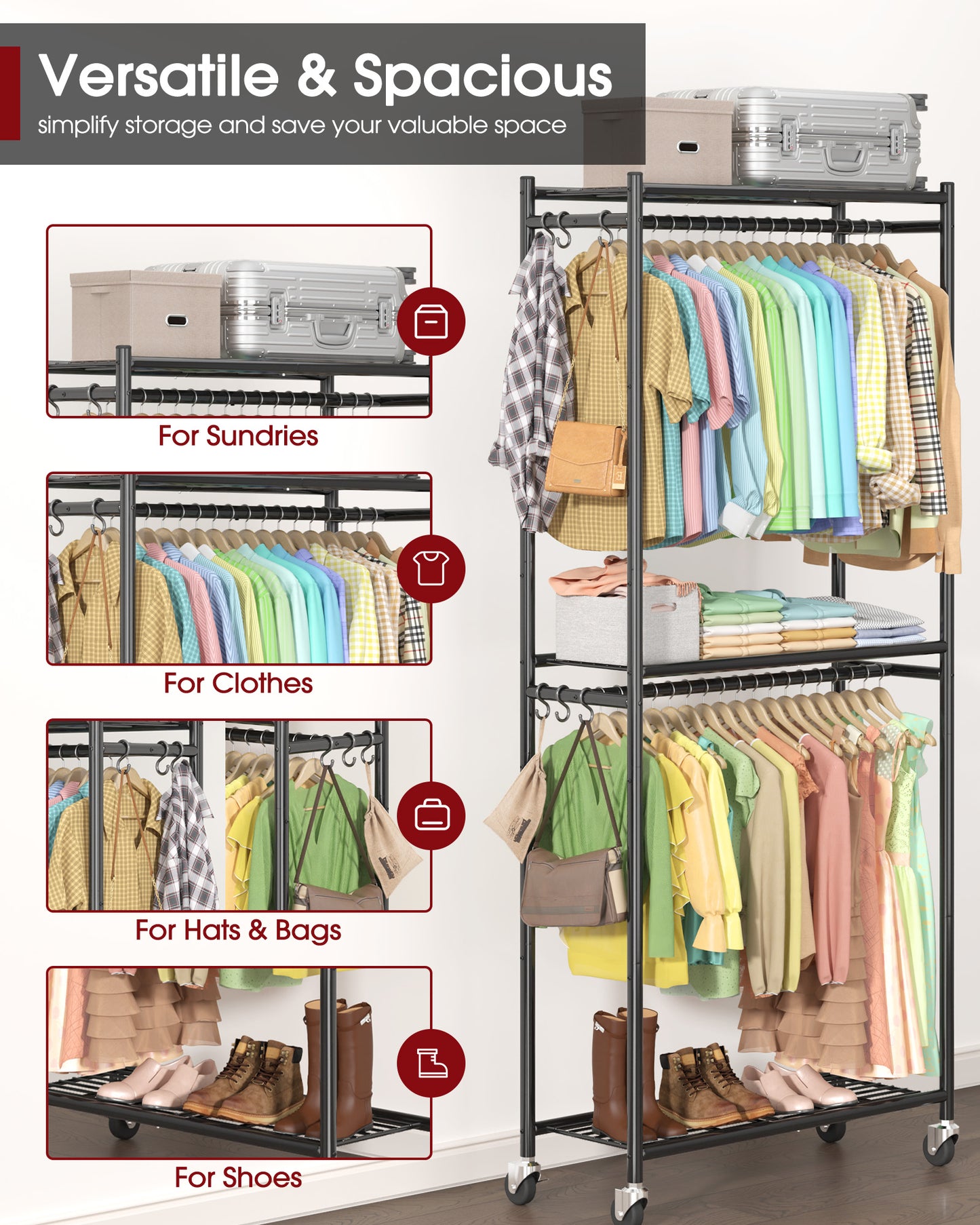 Sakugi Clothes Rack, Heavy-Duty Garment Rack with Shelves & Wheels, Freestanding Wardrobe Organizer with Hooks, Ideal for Bedroom, Laundry, or Balcony, 33.0" x 12.2" x 79.5", Black