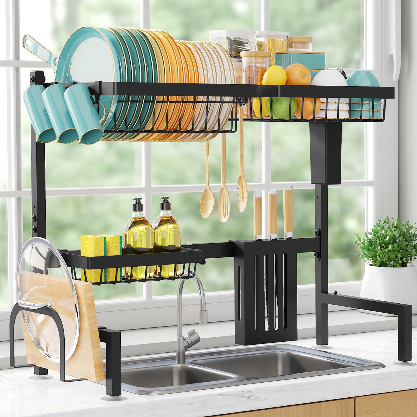 Sakugi Dish Drying Rack Over The Sink - Large Capacity Stainless Steel Dish Drainer, Multifunctional Kitchen Organizer, Black, 11" D x 30"~33.9''W x 21.5" H