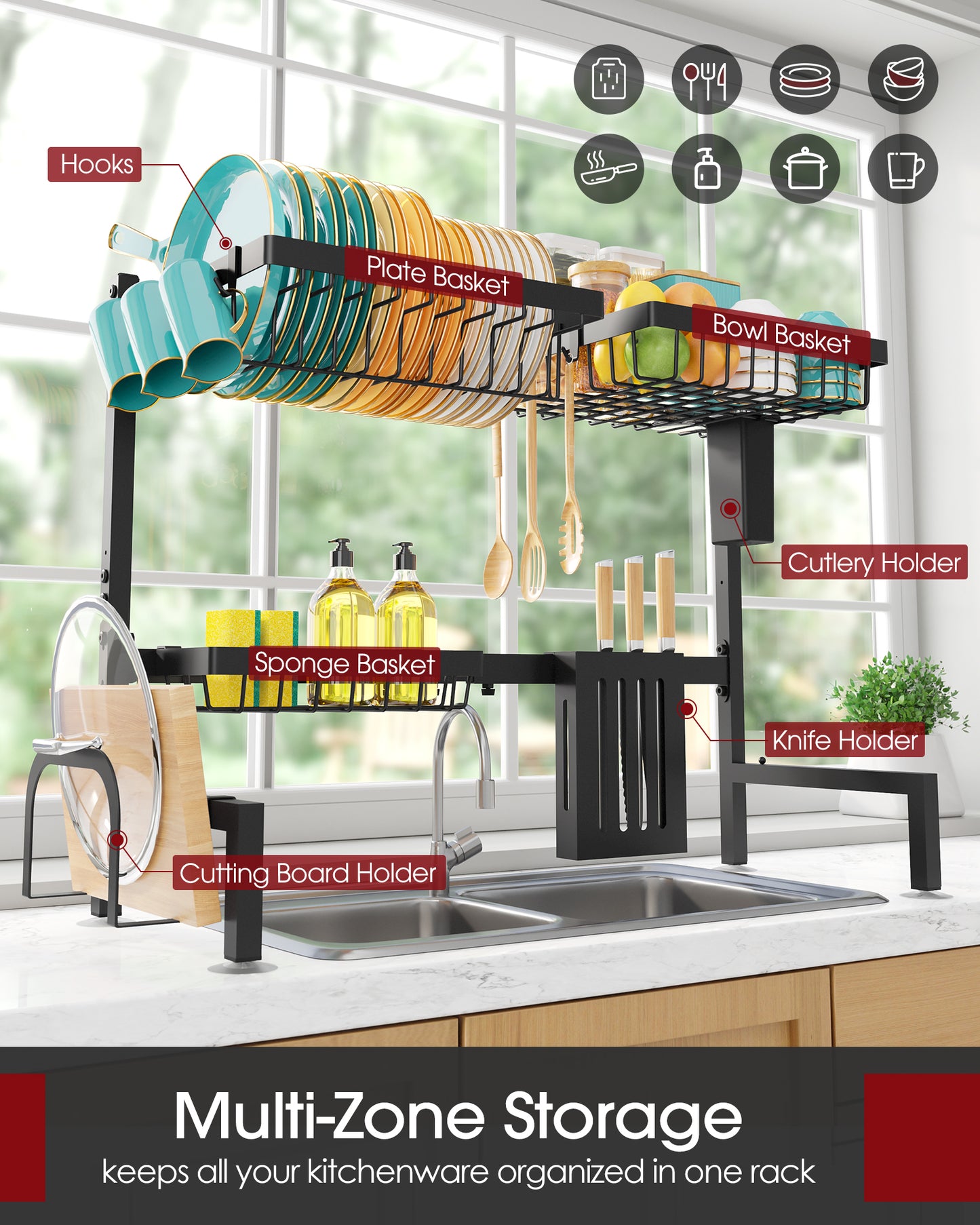 Sakugi Dish Drying Rack Over The Sink - Large Capacity Stainless Steel Dish Drainer, Multifunctional Kitchen Organizer, Black, 11" D x 30"~33.9''W x 21.5" H