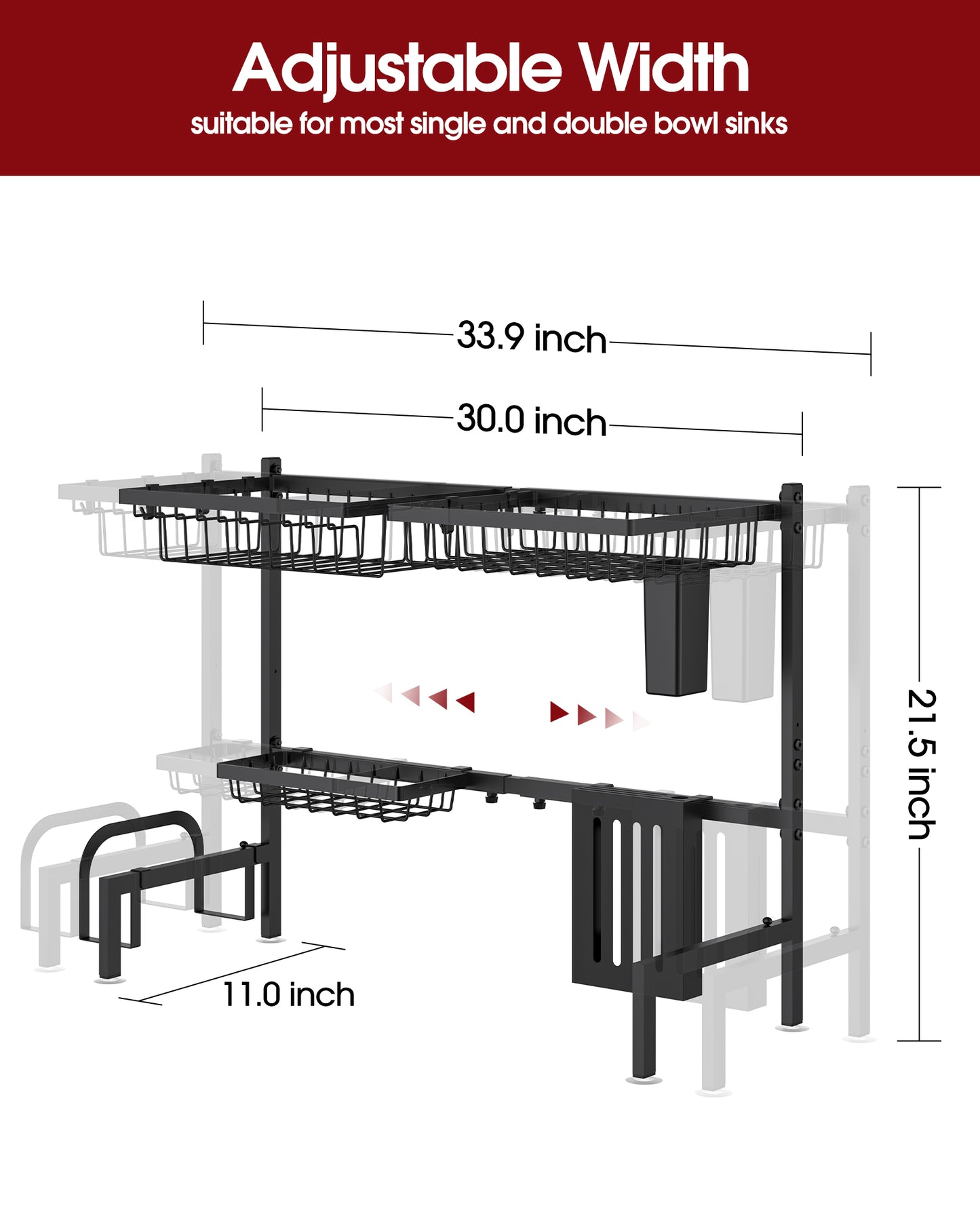 Sakugi Over The Sink Dish Drying Rack, 30" -33.9" W Expandable Dish Drainer, Stainless Steel Dish Rack