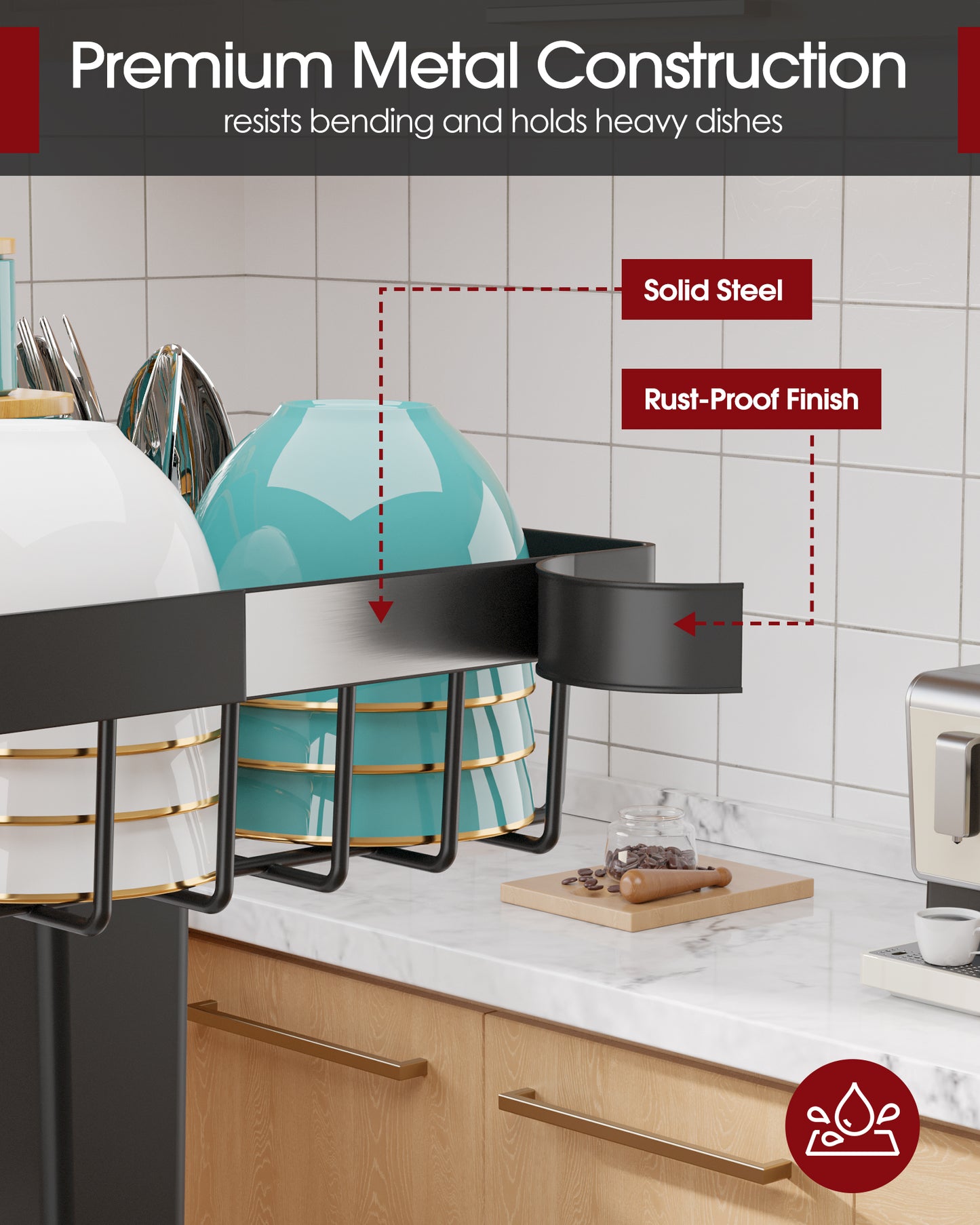 Sakugi Dish Drying Rack Over The Sink - Large Capacity Stainless Steel Dish Drainer, Multifunctional Kitchen Organizer, Black, 11" D x 30"~33.9''W x 21.5" H