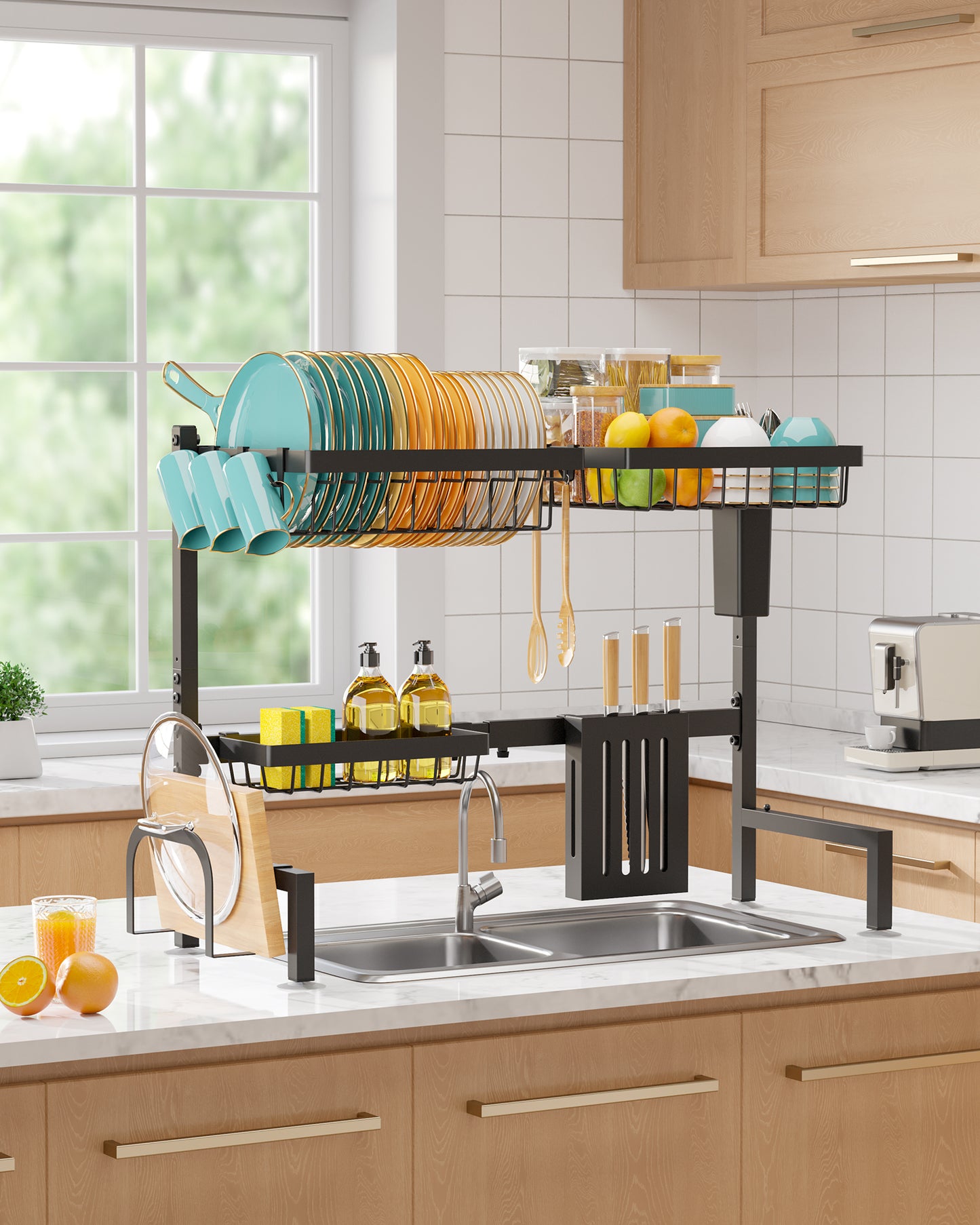 Sakugi Dish Drying Rack Over The Sink - Large Capacity Stainless Steel Dish Drainer, Multifunctional Kitchen Organizer, Black, 11" D x 30"~33.9''W x 21.5" H