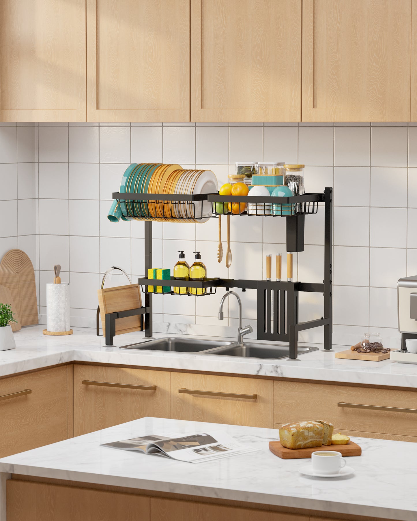 Sakugi Dish Drying Rack Over The Sink - Large Capacity Stainless Steel Dish Drainer, Multifunctional Kitchen Organizer, Black, 11" D x 30"~33.9''W x 21.5" H
