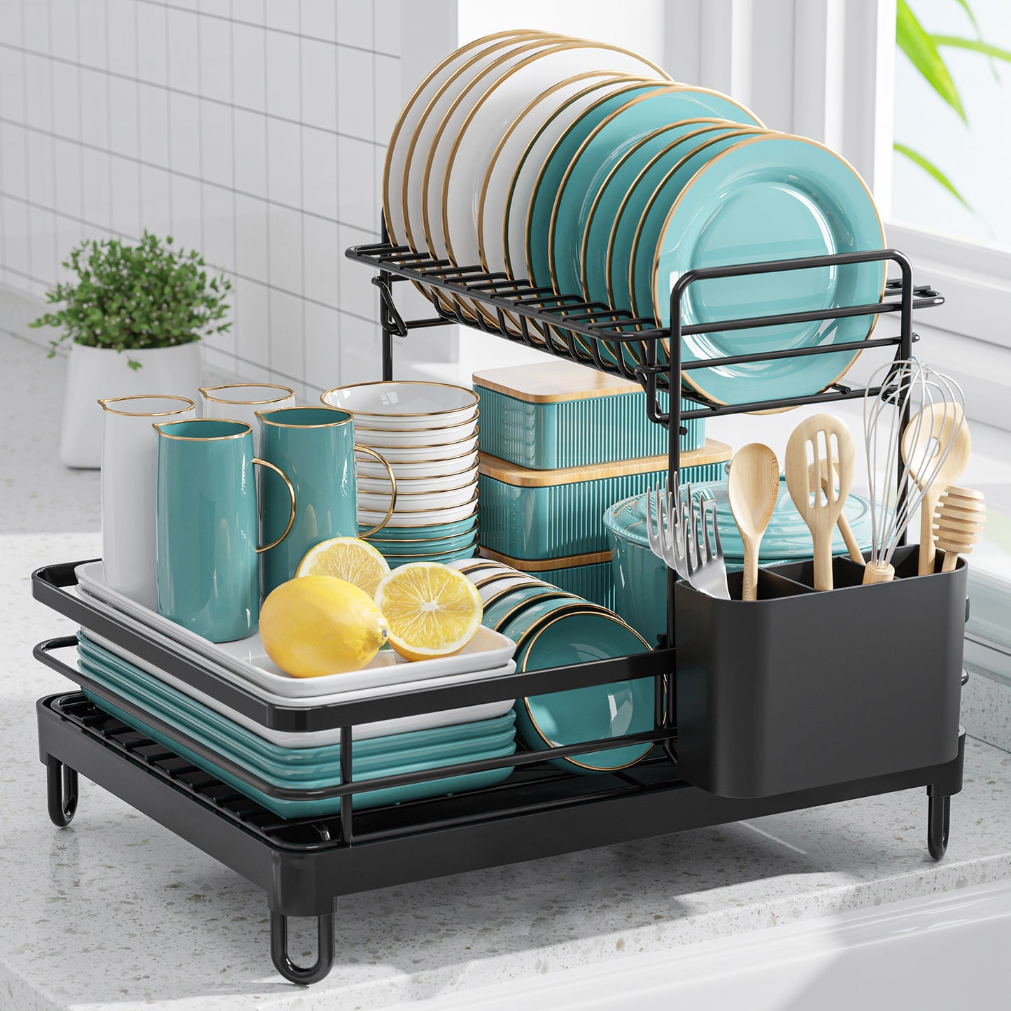 Sakugi Dish Drying Rack - Stainless Steel Dish Rack for Kitchen Counter, 2-Tier Kitchen Organizers and Storage Rack with Drainboard and Cutlery Holder, Large, Black
