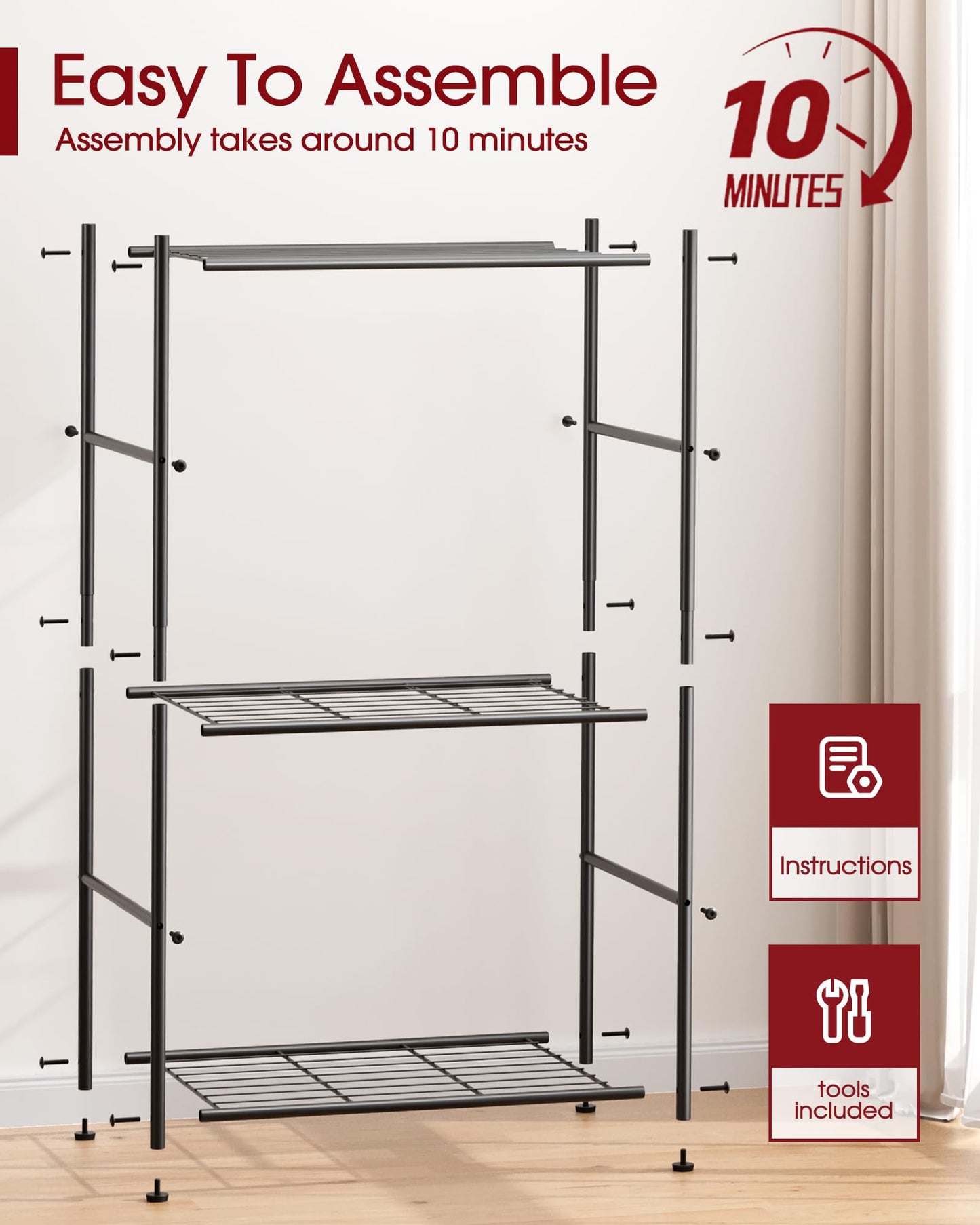 Sakugi 3 Tier Metal Storage Shelf Heavy Duty Organizer Rack for Bathroom Kitchen Bedroom, Adjustable Shelving Unit for Space Saving Home Storage, Easy Assembly, Black
