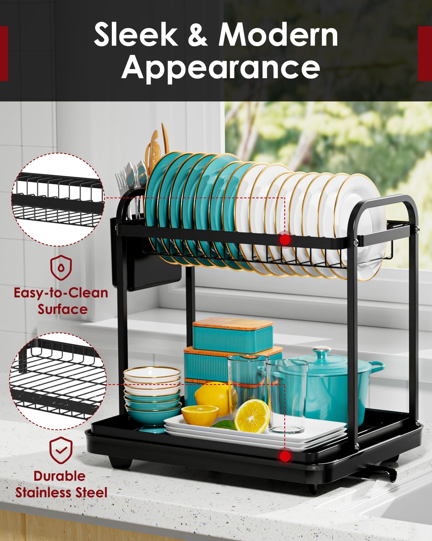 Sakugi Dish Drying Rack - Stainless Steel Dish Rack for Kitchen Counter, 2-Tier Kitchen Organizers and Storage Rack with Drainboard and Cutlery Holder, Large, Black