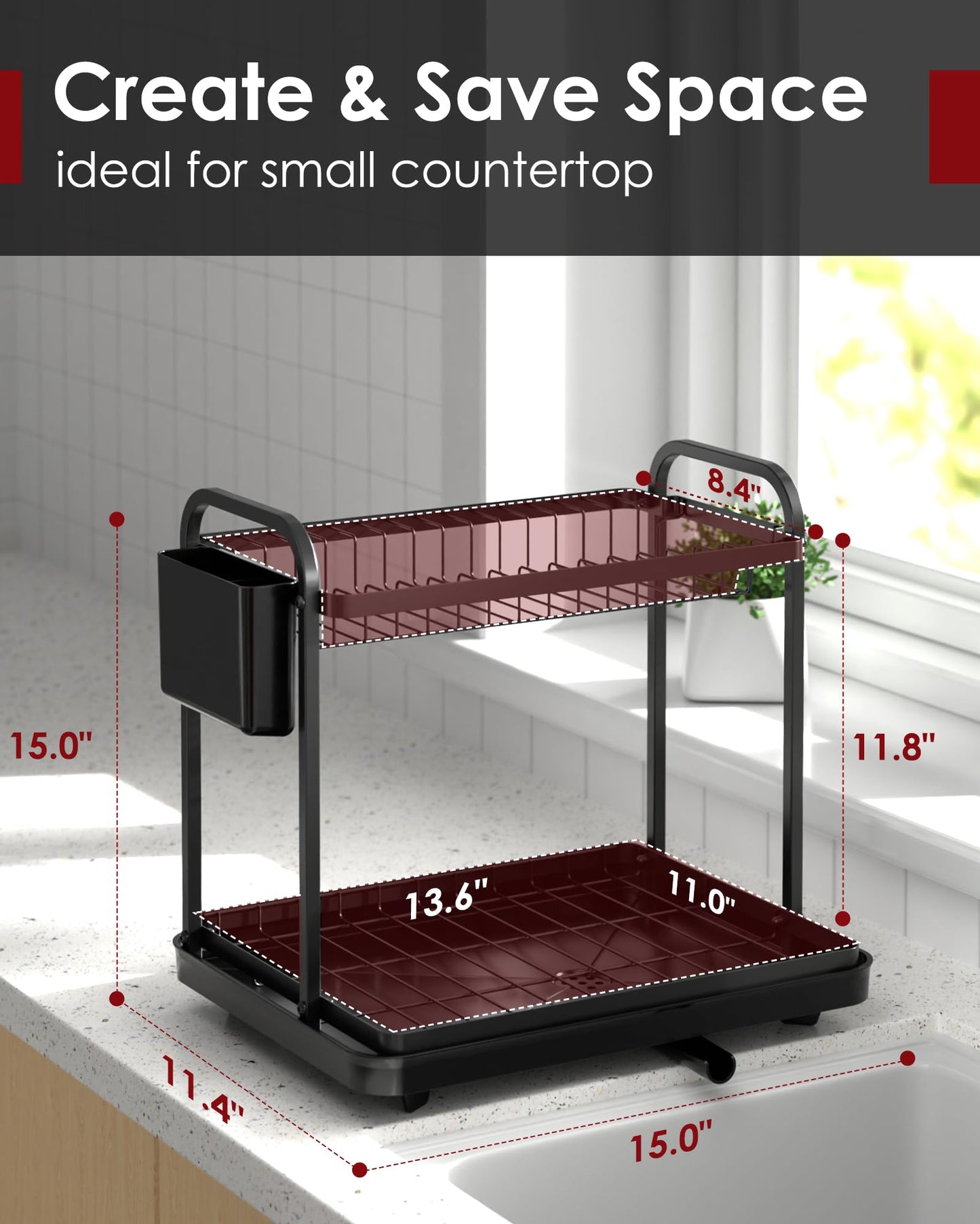 Sakugi Dish Drying Rack - Stainless Steel Dish Rack for Kitchen Counter, 2-Tier Kitchen Organizers and Storage Rack with Drainboard and Cutlery Holder, Large, Black