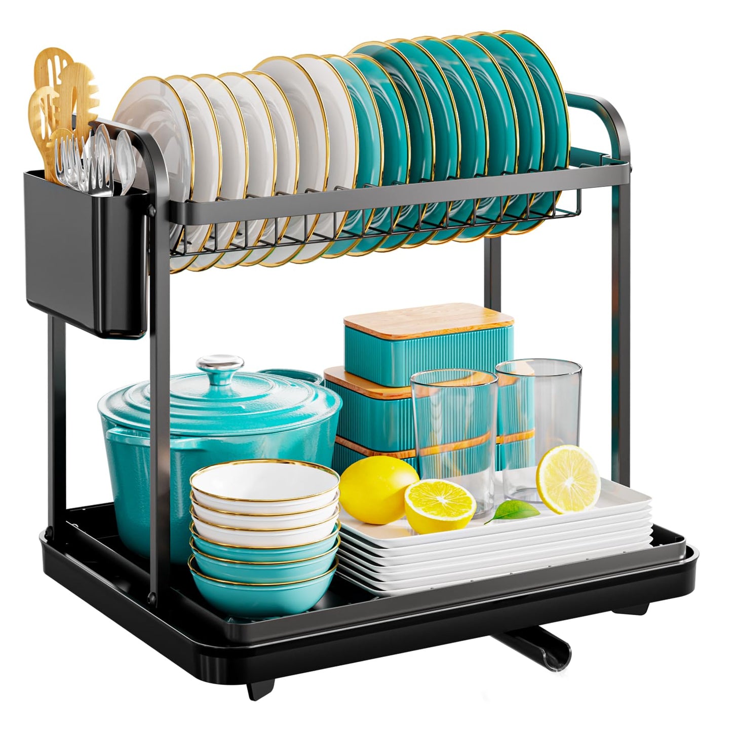 Sakugi Dish Drying Rack - Stainless Steel Dish Rack for Kitchen Counter, 2-Tier Kitchen Organizers and Storage Rack with Drainboard and Cutlery Holder, Large, Black