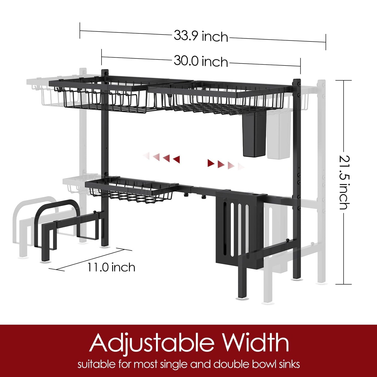 Sakugi Dish Drying Rack Over The Sink - Large Capacity Stainless Steel Dish Drainer, Multifunctional Kitchen Organizer, Black, 11" D x 30"~33.9''W x 21.5" H