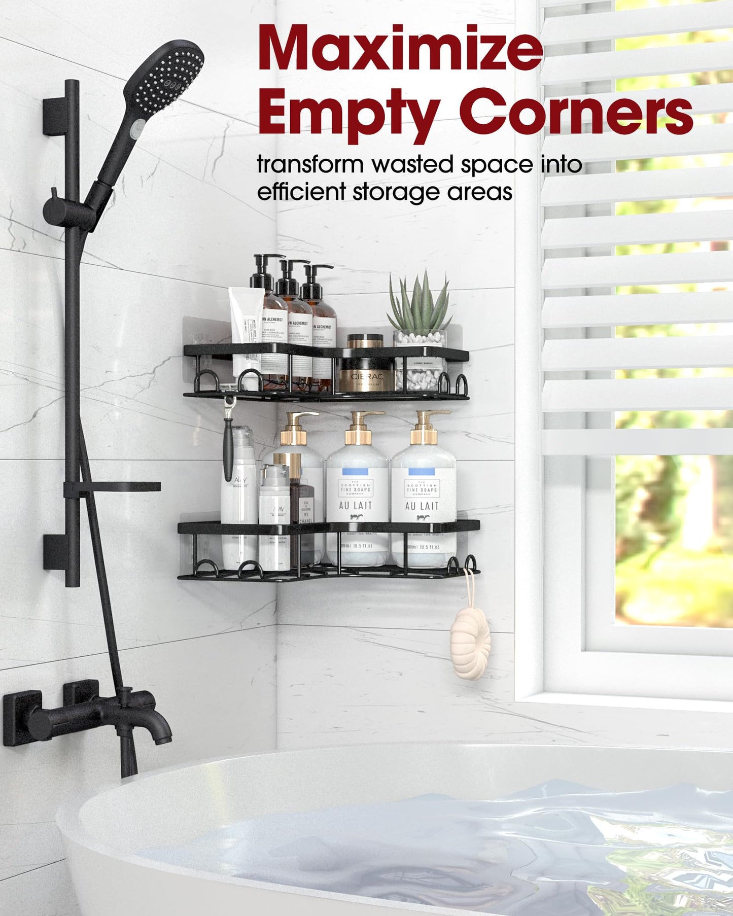 Sakugi Corner Shower Caddy - 2 Pack, Adhesive Shower Organizers, Rustproof Stainless Steel Shower Shelves with 8 Hooks, No Drilling Bathroom Organizers and Storage Racks, Space-Saving, Black,Medium