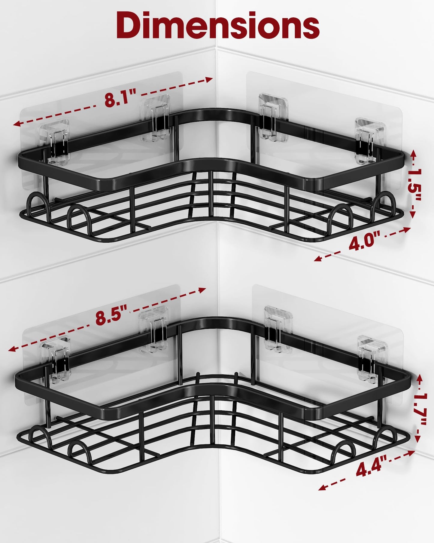 Sakugi Corner Shower Caddy - 2 Pack, Adhesive Shower Organizers, Rustproof Stainless Steel Shower Shelves with 8 Hooks, No Drilling Bathroom Organizers and Storage Racks, Space-Saving, Black,Medium