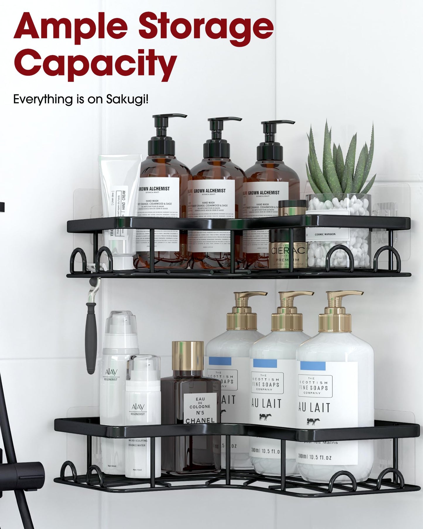 Sakugi Corner Shower Caddy - 2 Pack, Adhesive Shower Organizers, Rustproof Stainless Steel Shower Shelves with 8 Hooks, No Drilling Bathroom Organizers and Storage Racks, Space-Saving, Black,Medium