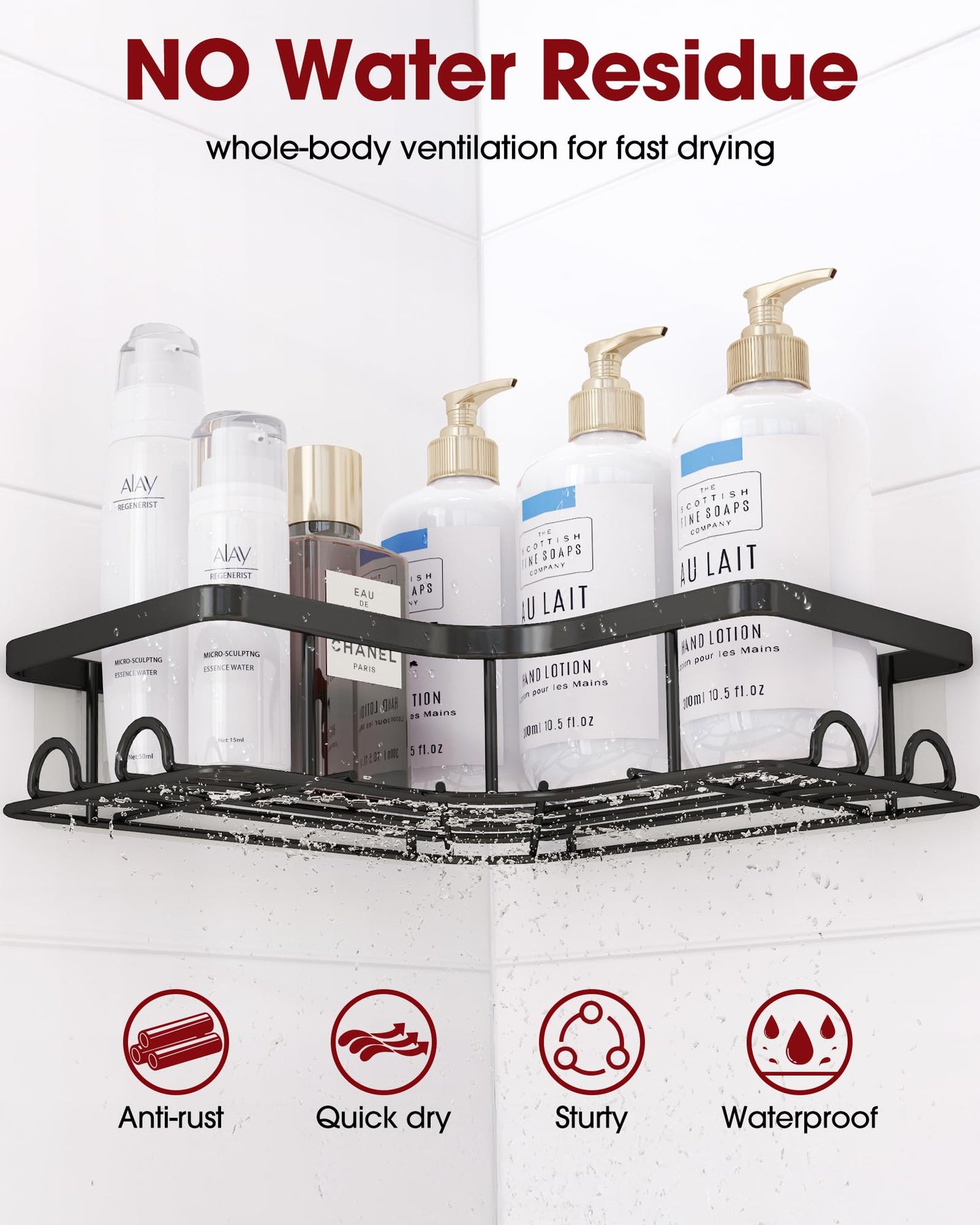 Sakugi Corner Shower Caddy - 2 Pack, Adhesive Shower Organizers, Rustproof Stainless Steel Shower Shelves with 8 Hooks, No Drilling Bathroom Organizers and Storage Racks, Space-Saving, Black,Medium