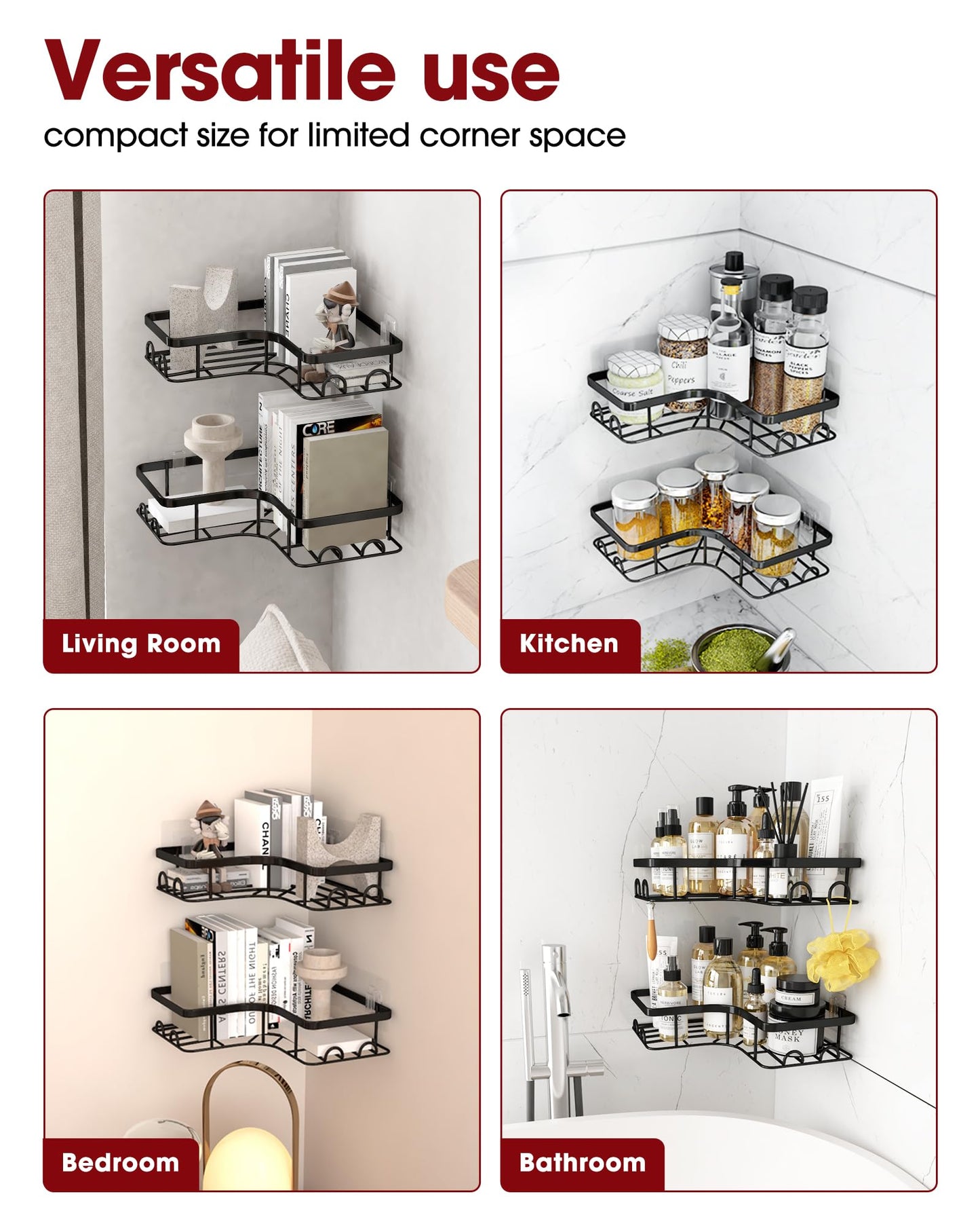 Sakugi Corner Shower Caddy - 2 Pack, Adhesive Shower Organizers, Rustproof Stainless Steel Shower Shelves with 8 Hooks, No Drilling Bathroom Organizers and Storage Racks, Space-Saving, Black,Medium