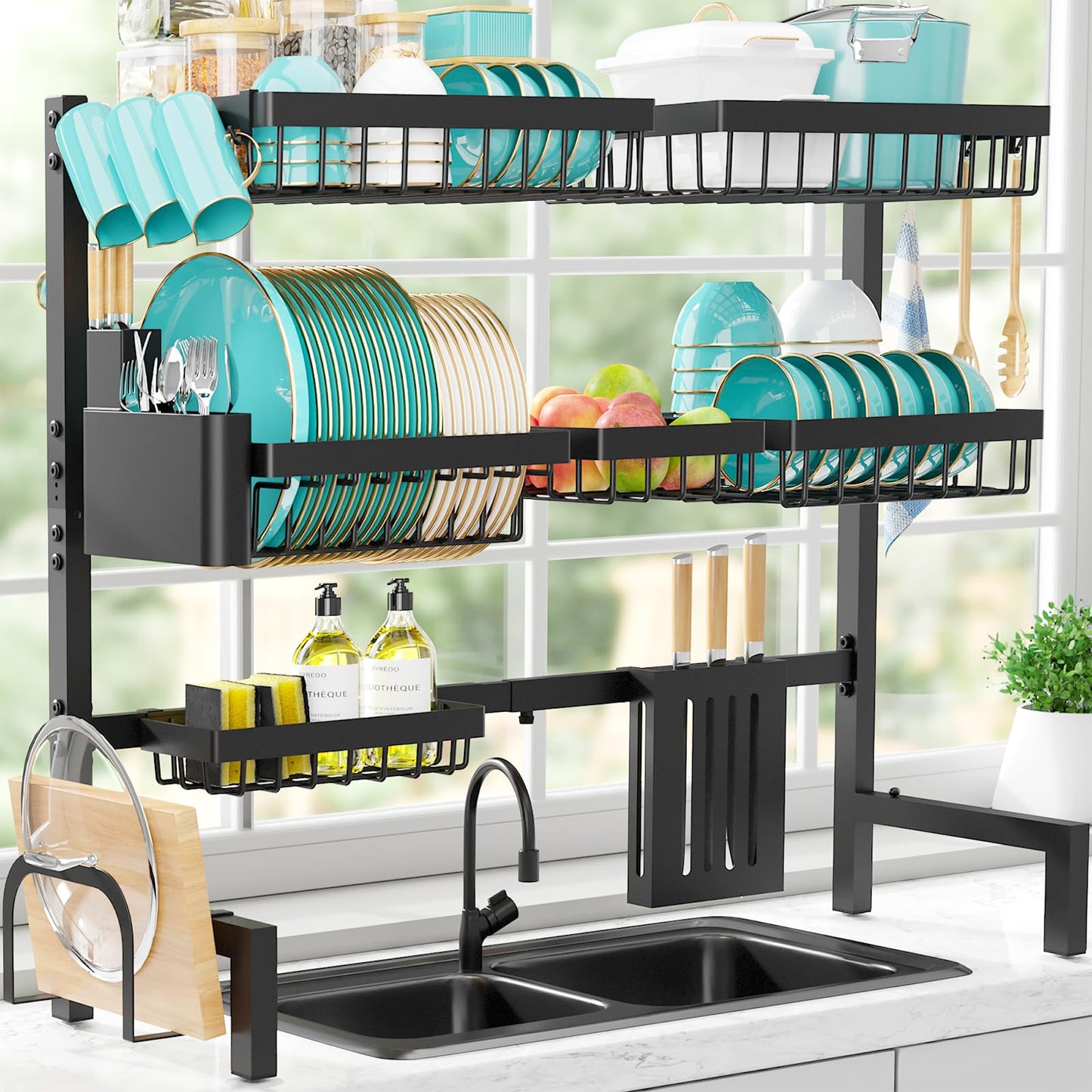 Sakugi Dish Drying Rack Over The Sink - Large Capacity Stainless Steel Dish Drainer, Multifunctional Kitchen Organizer, Black, 11" D x 30"~33.9''W x 21.5" H