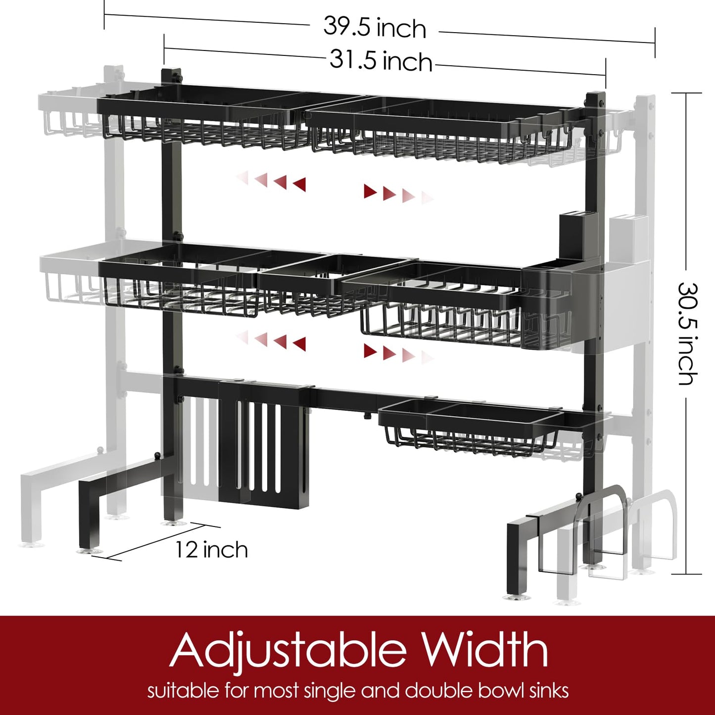 Sakugi Dish Drying Rack Over The Sink - Large Capacity Stainless Steel Dish Drainer, Multifunctional Kitchen Organizer, Black, 11" D x 30"~33.9''W x 21.5" H