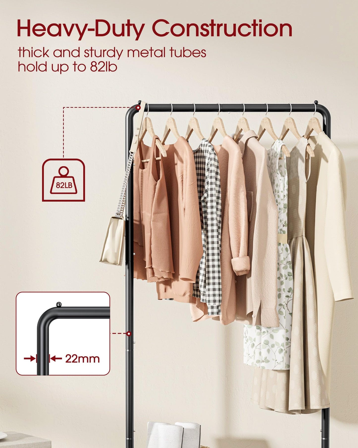 Sakugi Clothes Rack - Clothing Rack with Storage Mesh Shelf & Casters, Heavy-Duty Metal Clothing Rack for Hanging Clothes, Dresses, Coats, Large Load Capacity, Easy Assembly, Black, 28.0"x14.0"x59.0"