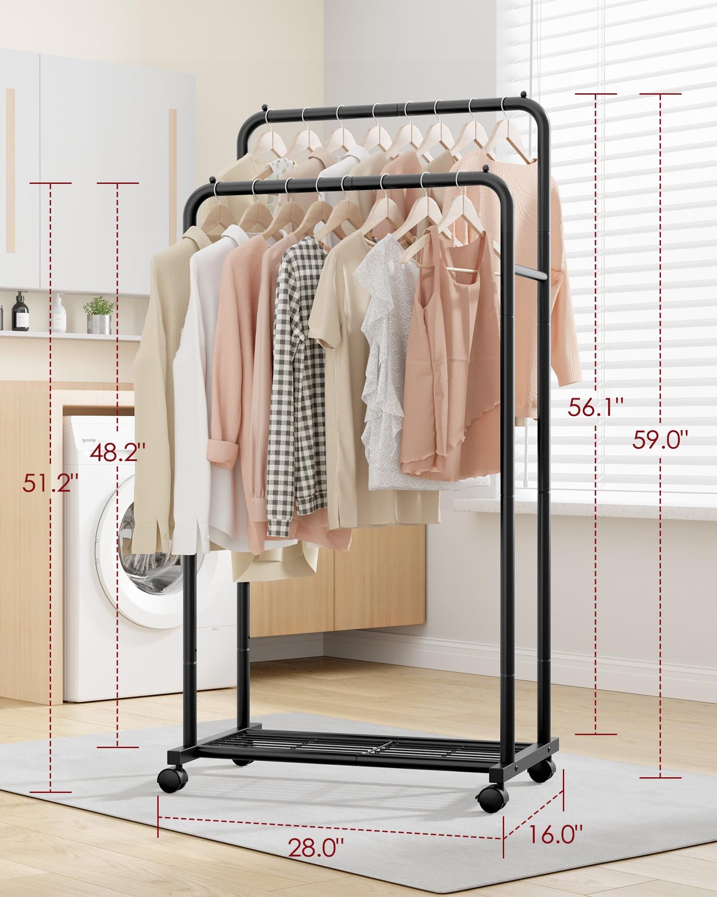 Sakugi Clothes Rack - Clothing Rack with Storage Mesh Shelf & Casters, Heavy-Duty Metal Clothing Rack for Hanging Clothes, Dresses, Coats, Large Load Capacity, Easy Assembly, Black, 28.0"x14.0"x59.0"