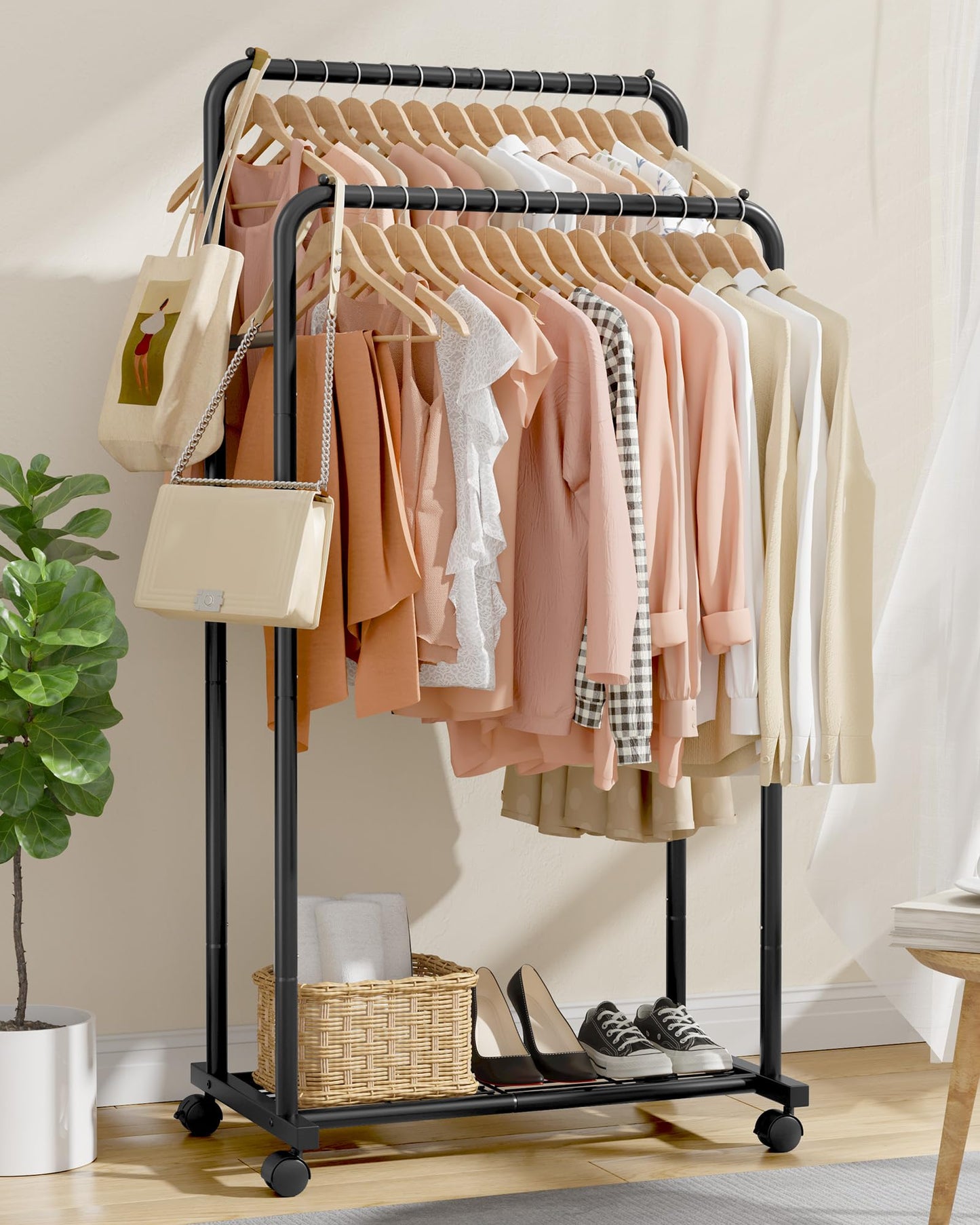 Sakugi Clothes Rack - Clothing Rack with Storage Mesh Shelf & Casters, Heavy-Duty Metal Clothing Rack for Hanging Clothes, Dresses, Coats, Large Load Capacity, Easy Assembly, Black, 28.0"x14.0"x59.0"