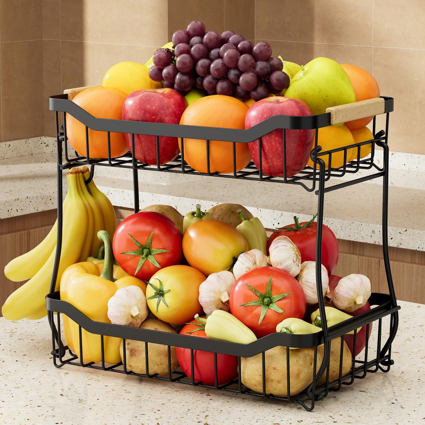 Sakugi Fruit Basket - 2 Tier Fruit Basket for Kitchen Counter, Detachable Fruit Vegetable Basket with Banana Hanger, Metal Countertop Fruit Stand with Wooden Handle