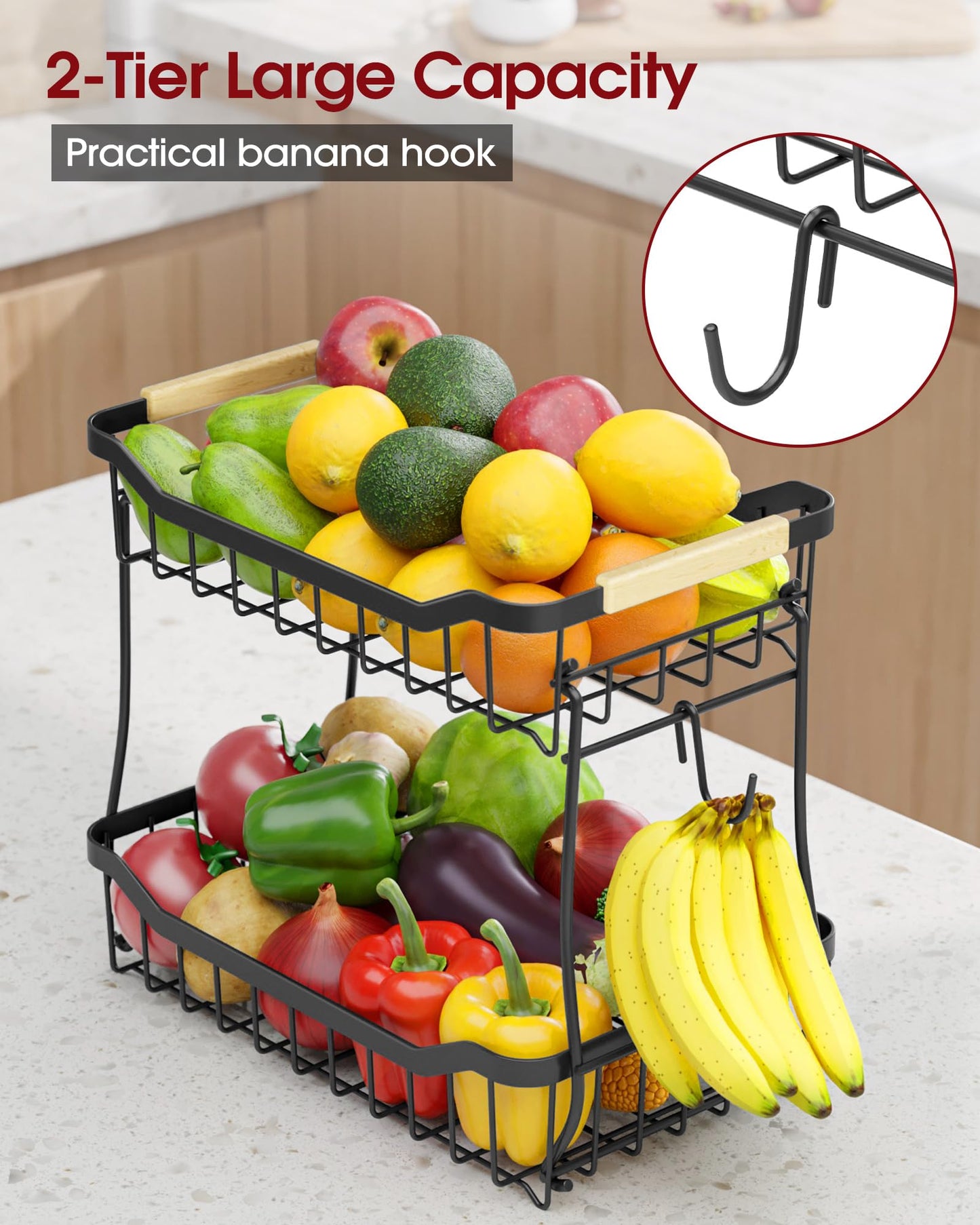 Sakugi Fruit Basket - 2 Tier Fruit Basket for Kitchen Counter, Detachable Fruit Vegetable Basket with Banana Hanger, Metal Countertop Fruit Stand with Wooden Handle