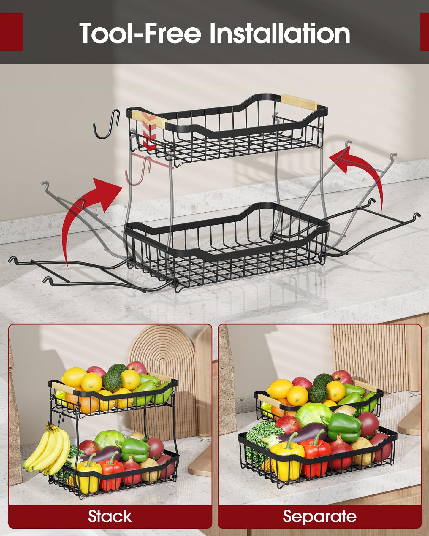 Sakugi Fruit Basket - 2 Tier Fruit Basket for Kitchen Counter, Detachable Fruit Vegetable Basket with Banana Hanger, Metal Countertop Fruit Stand with Wooden Handle