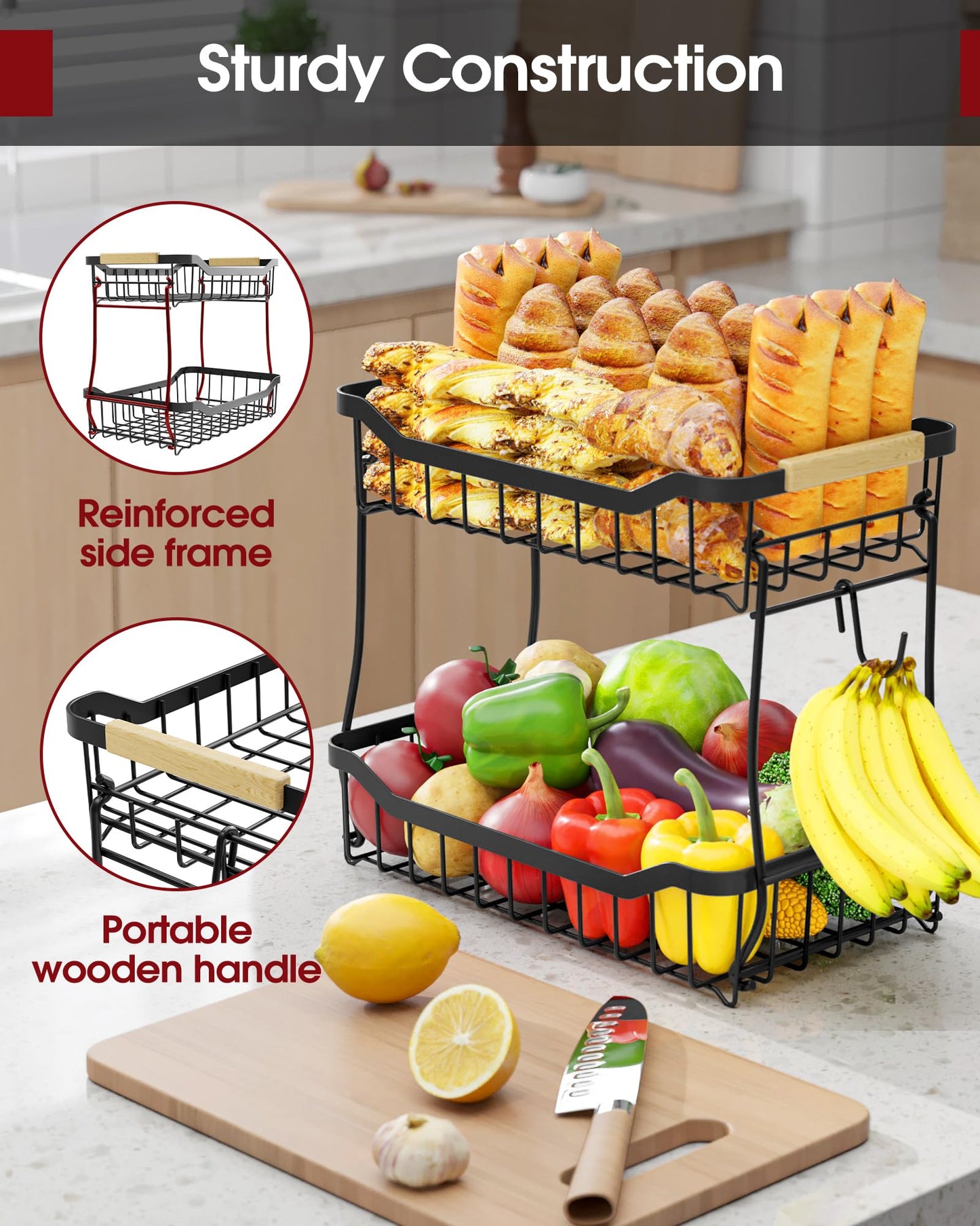 Sakugi Fruit Basket - 2 Tier Fruit Basket for Kitchen Counter, Detachable Fruit Vegetable Basket with Banana Hanger, Metal Countertop Fruit Stand with Wooden Handle