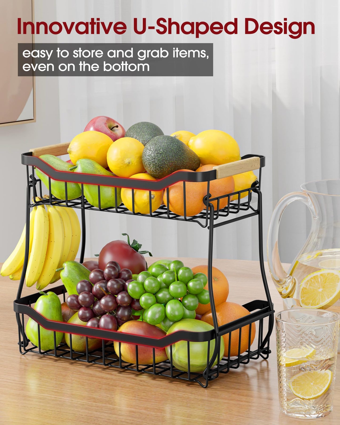 Sakugi Fruit Basket - 2 Tier Fruit Basket for Kitchen Counter, Detachable Fruit Vegetable Basket with Banana Hanger, Metal Countertop Fruit Stand with Wooden Handle