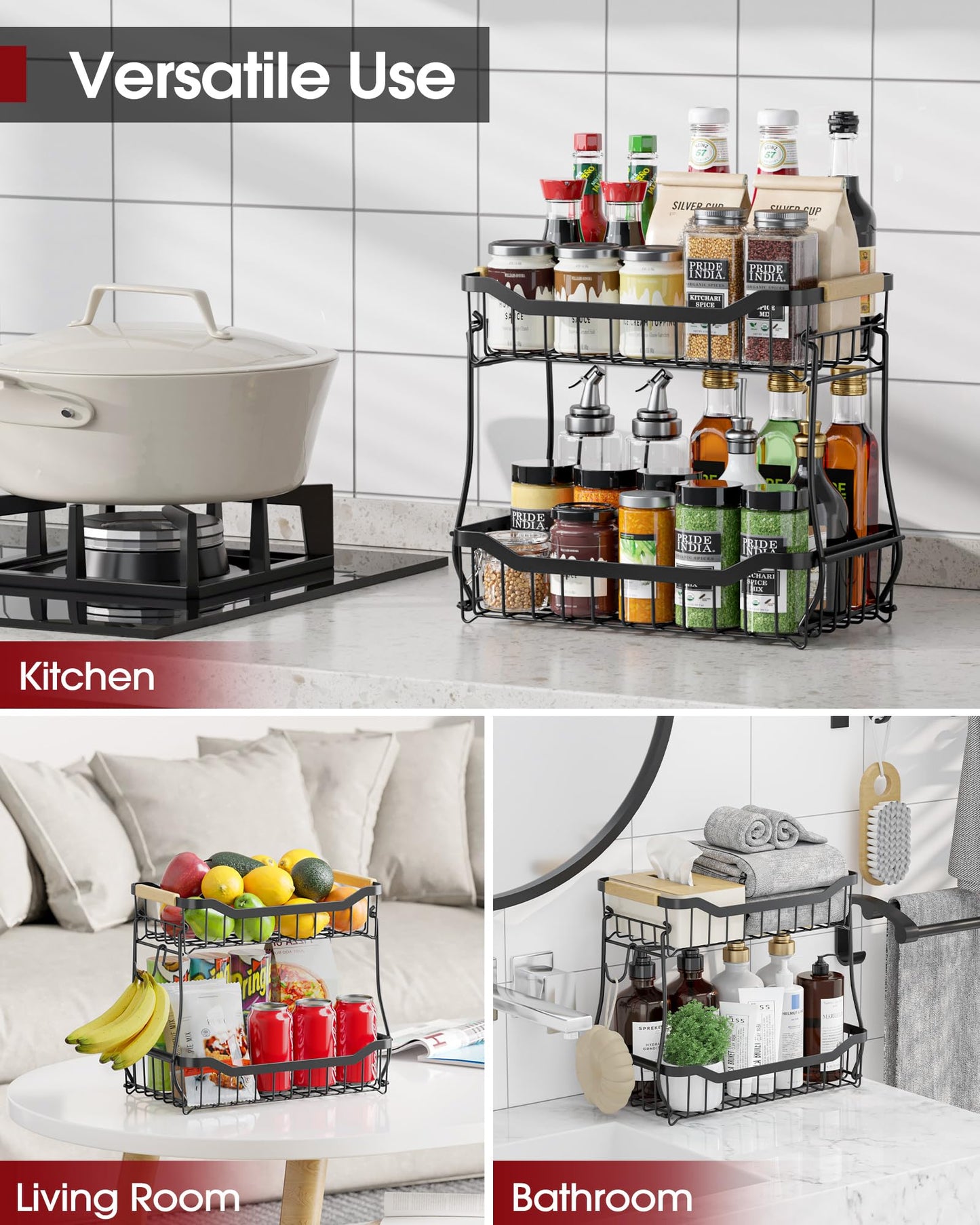 Sakugi Fruit Basket - 2 Tier Fruit Basket for Kitchen Counter, Detachable Fruit Vegetable Basket with Banana Hanger, Metal Countertop Fruit Stand with Wooden Handle