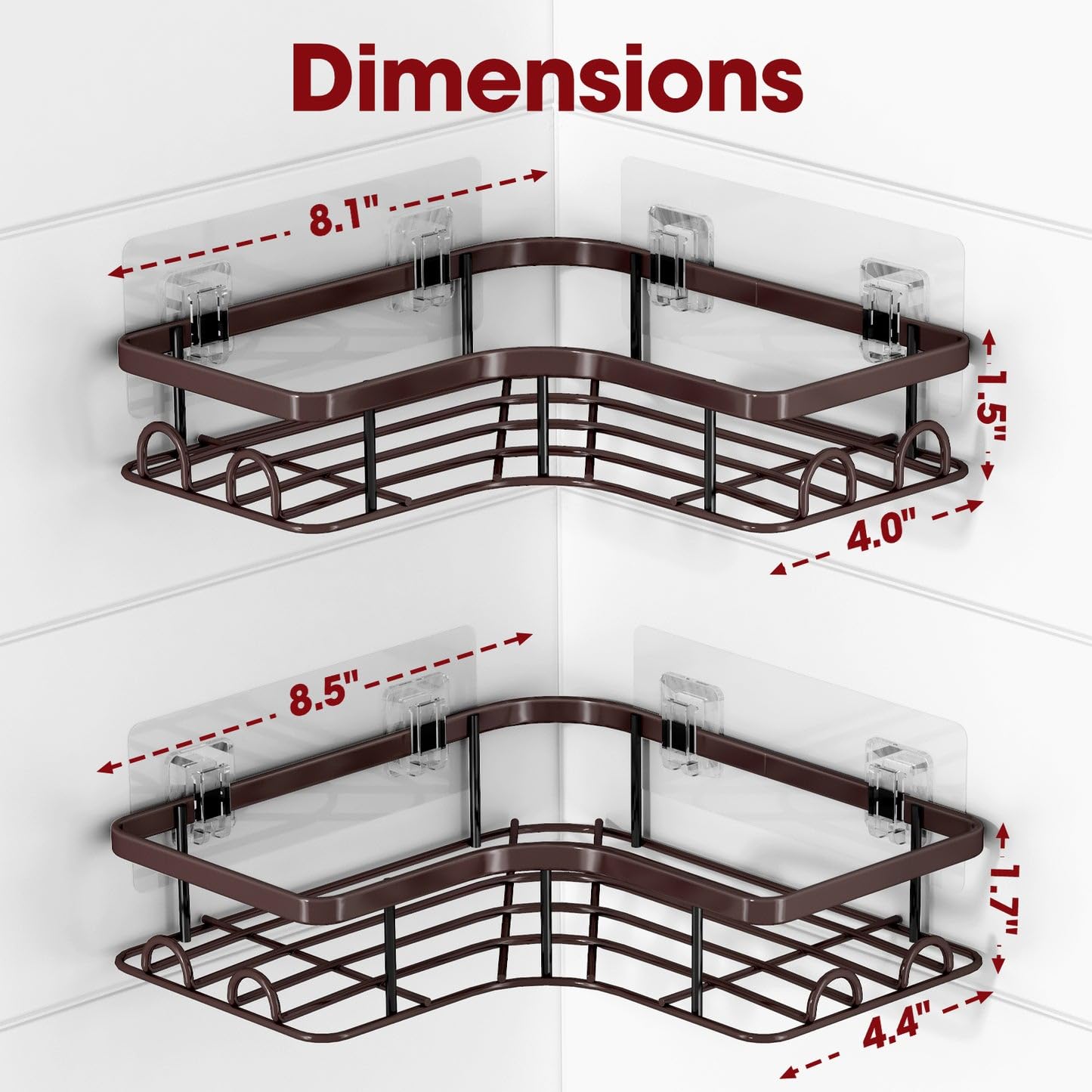 Sakugi Corner Shower Caddy - 2 Pack, Adhesive Shower Organizers, Rustproof Stainless Steel Shower Shelves with 8 Hooks, No Drilling Bathroom Organizers and Storage Racks, Space-Saving, Black,Medium