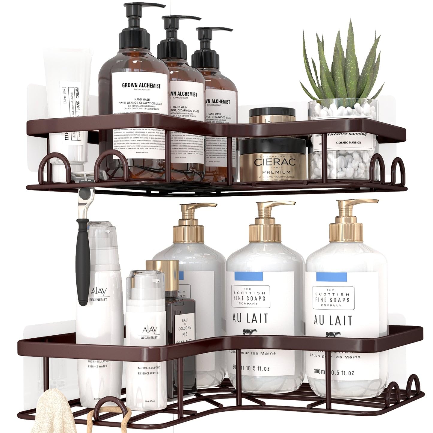 Sakugi Corner Shower Caddy - 2 Pack, Adhesive Shower Organizers, Rustproof Stainless Steel Shower Shelves with 8 Hooks, No Drilling Bathroom Organizers and Storage Racks, Space-Saving, Black,Medium